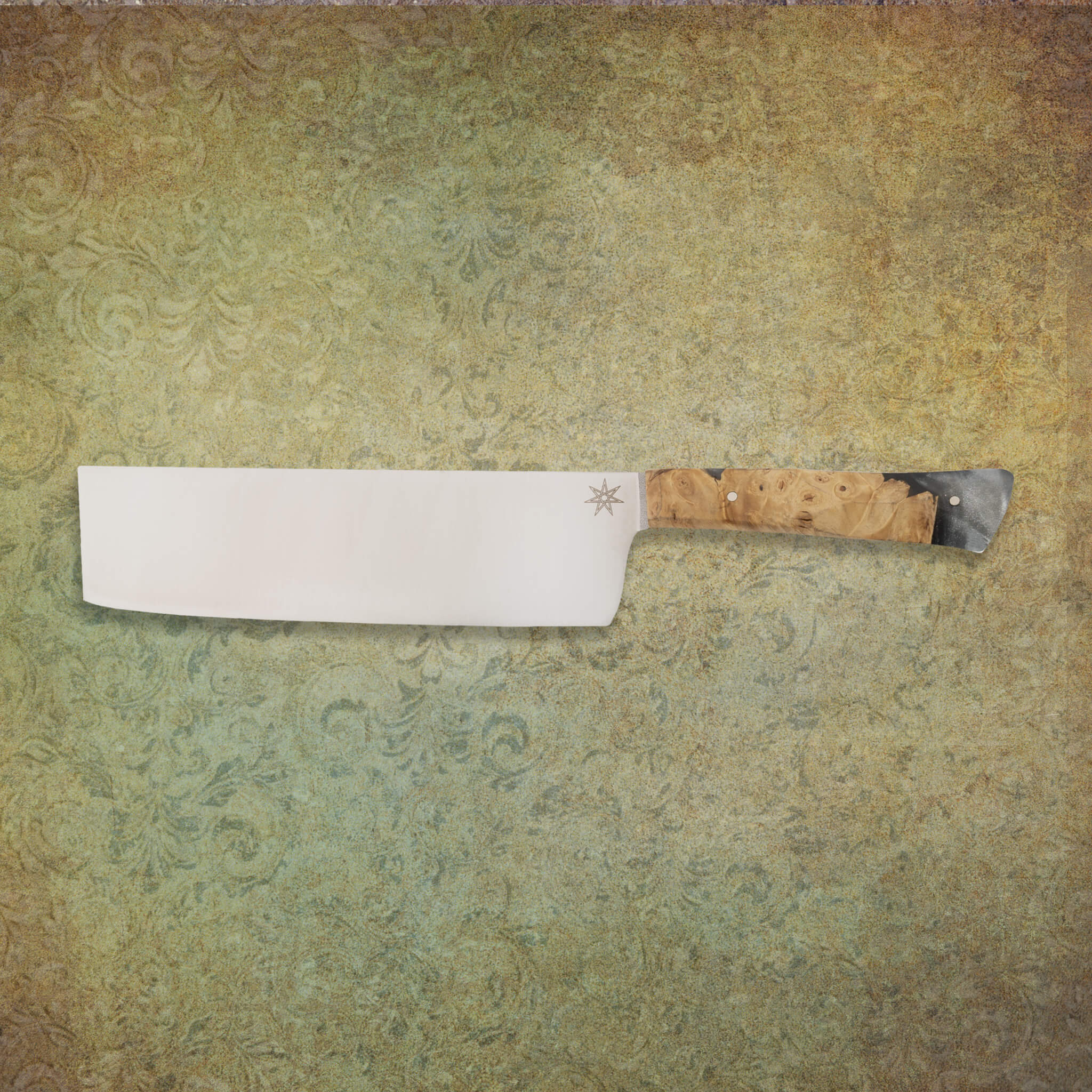 7" Nakiri vegetable knife with silvery resin and buckeye burl wood handle.