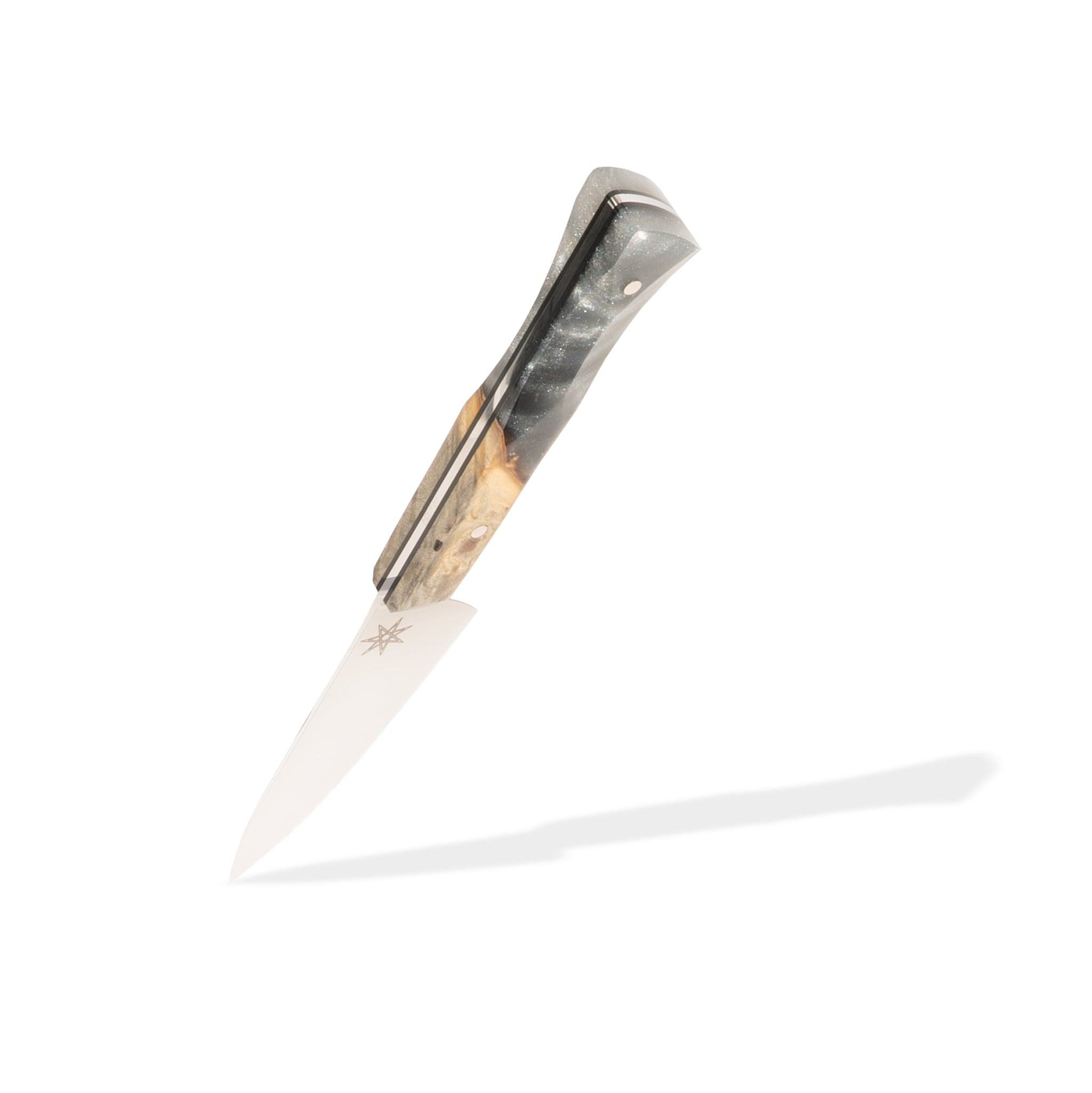 Detail photo of Town Cutler paring knife with silver gray resin and wood handle.