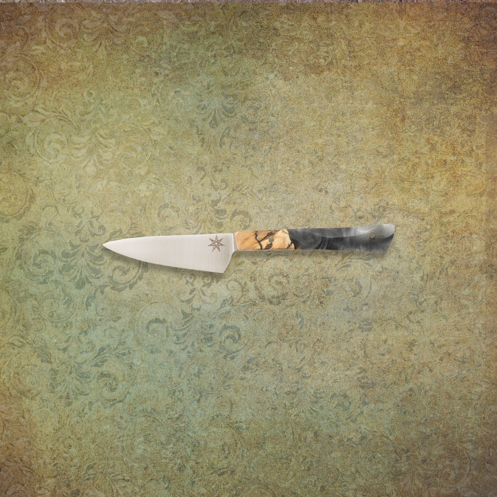 Stainless Steel 3" Paring Knife with Buckeye Burl Wood and Silver Resin Handle handmade by Town Cutler.