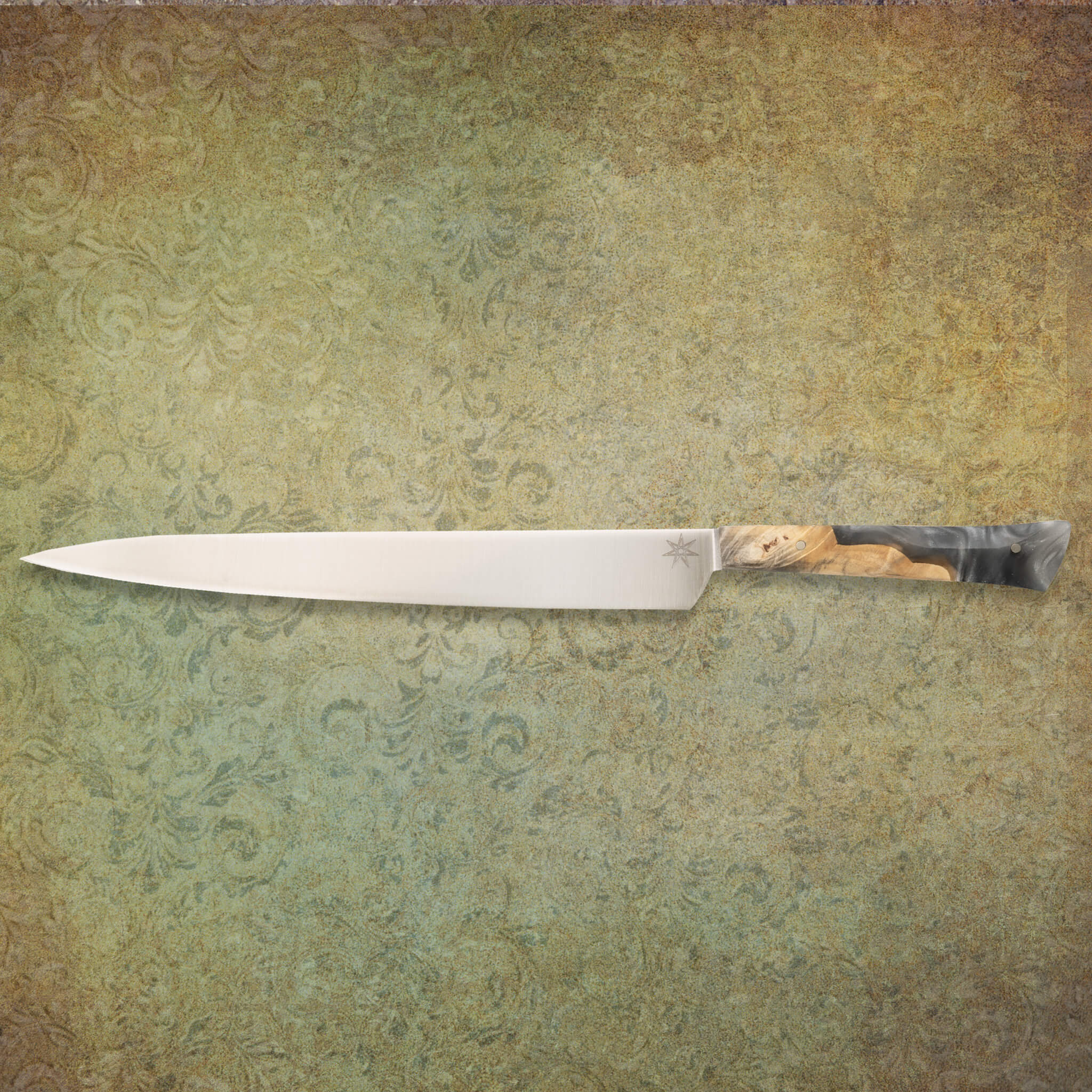Handcrafted slicer carving knife with gray silver resin and wood handle.