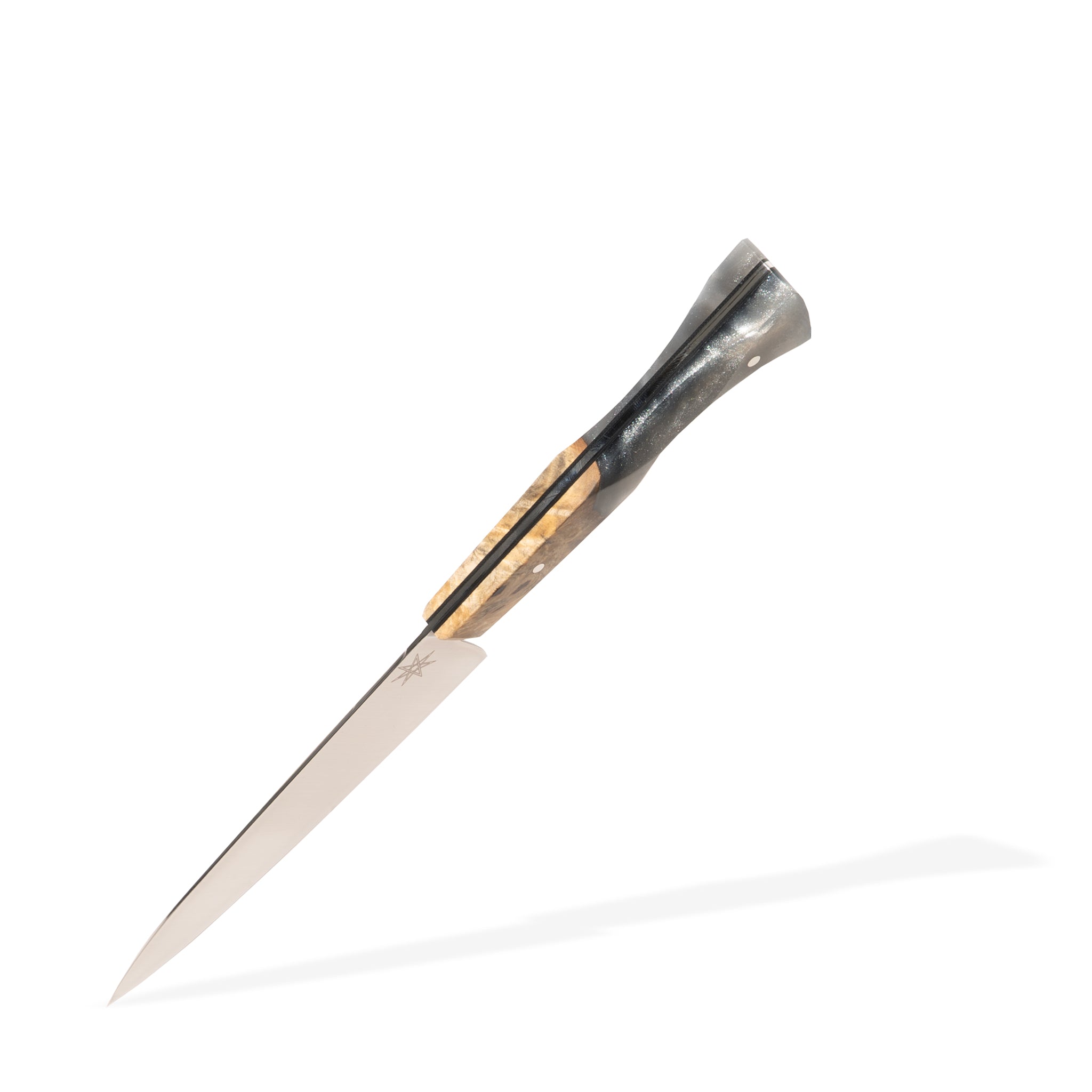 Detail photo of Town Cutler kitchen utility knife with silver gray resin and wood handle.