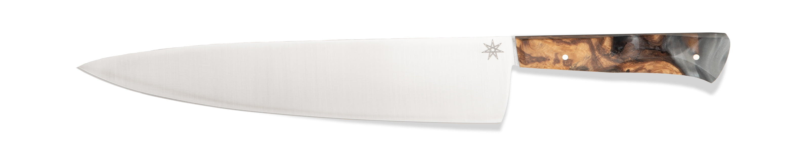 Photo of a chef knife with a silver gray resin and wood handle on a white background.