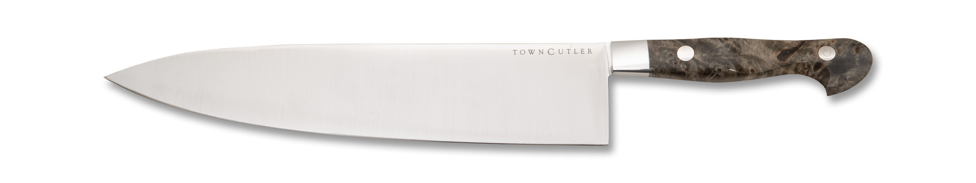 Classic 10" chef knife from Town Cutler with stainless steel blade and buckeye burl handle.