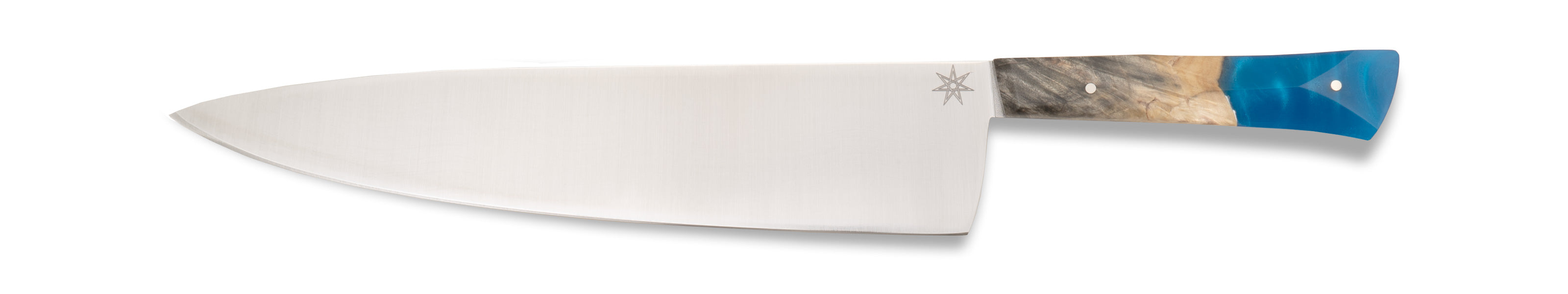 Stainless steel chef knife with a blue resin and wood handle on a white background.