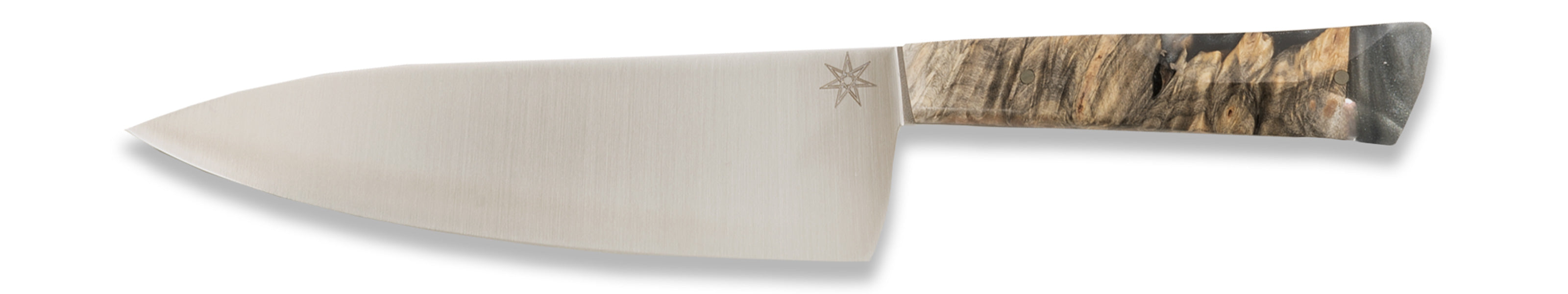 Photo of a chef knife with a silver gray resin and wood handle on a white background.