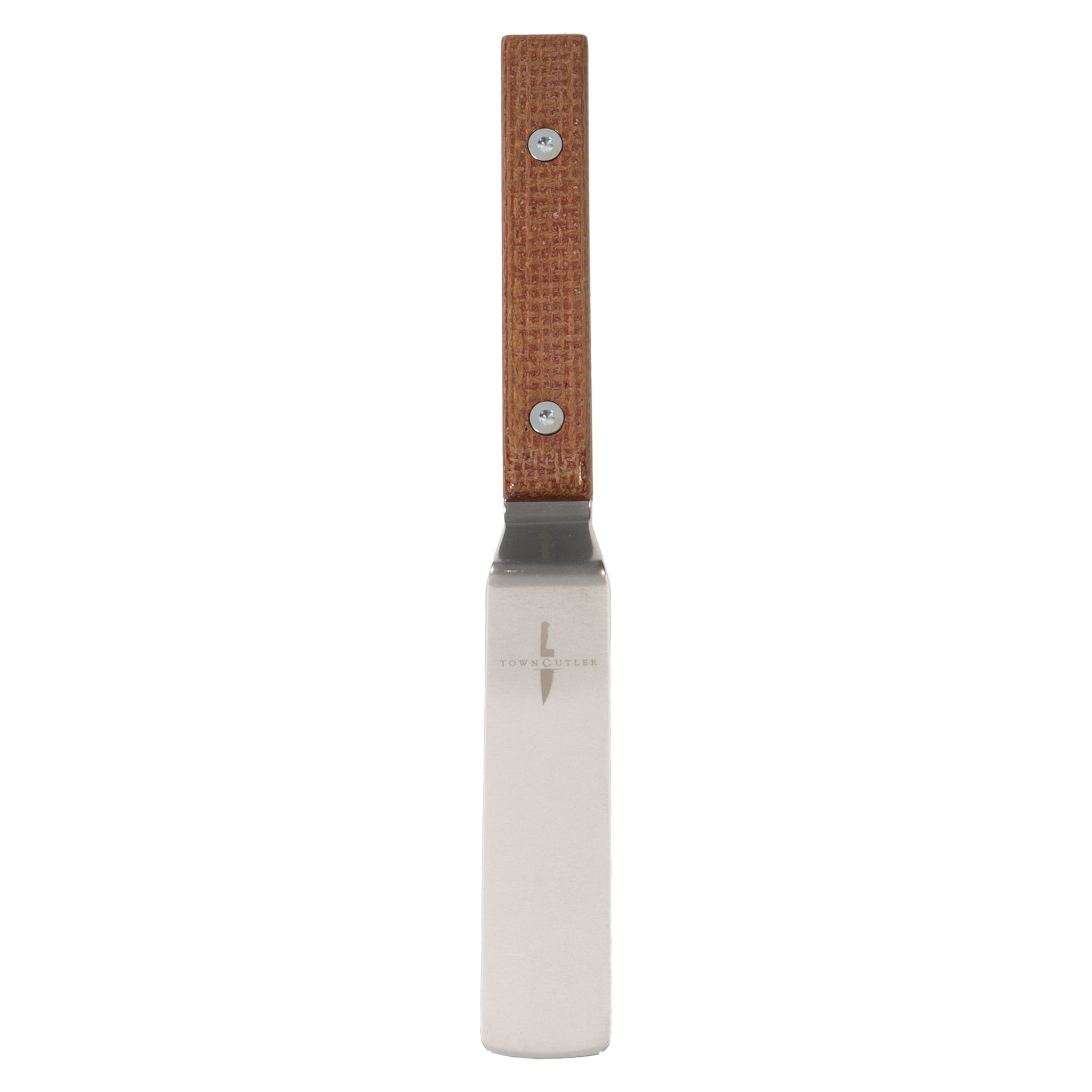 Kitchen offset palette knife spatula with orange burlap micarta handle.