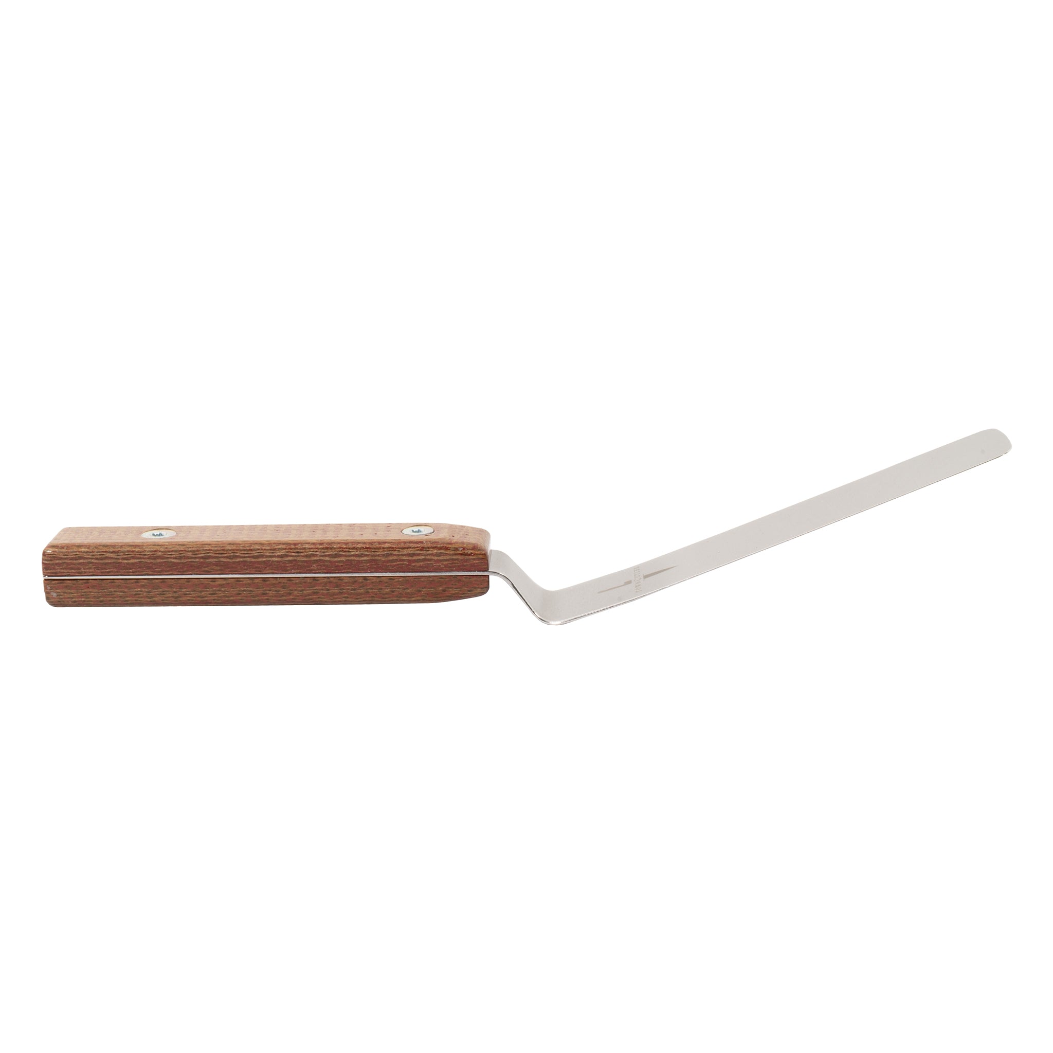 Side view of kitchen offset palette knife spatula with orange burlap micarta handle.