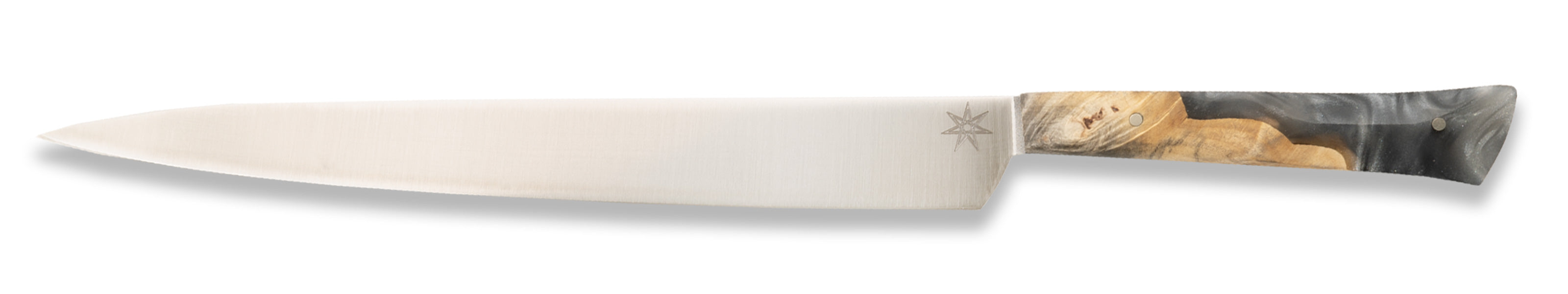 A slicer carving knife with a silver gray resin and wood handle on a white background.