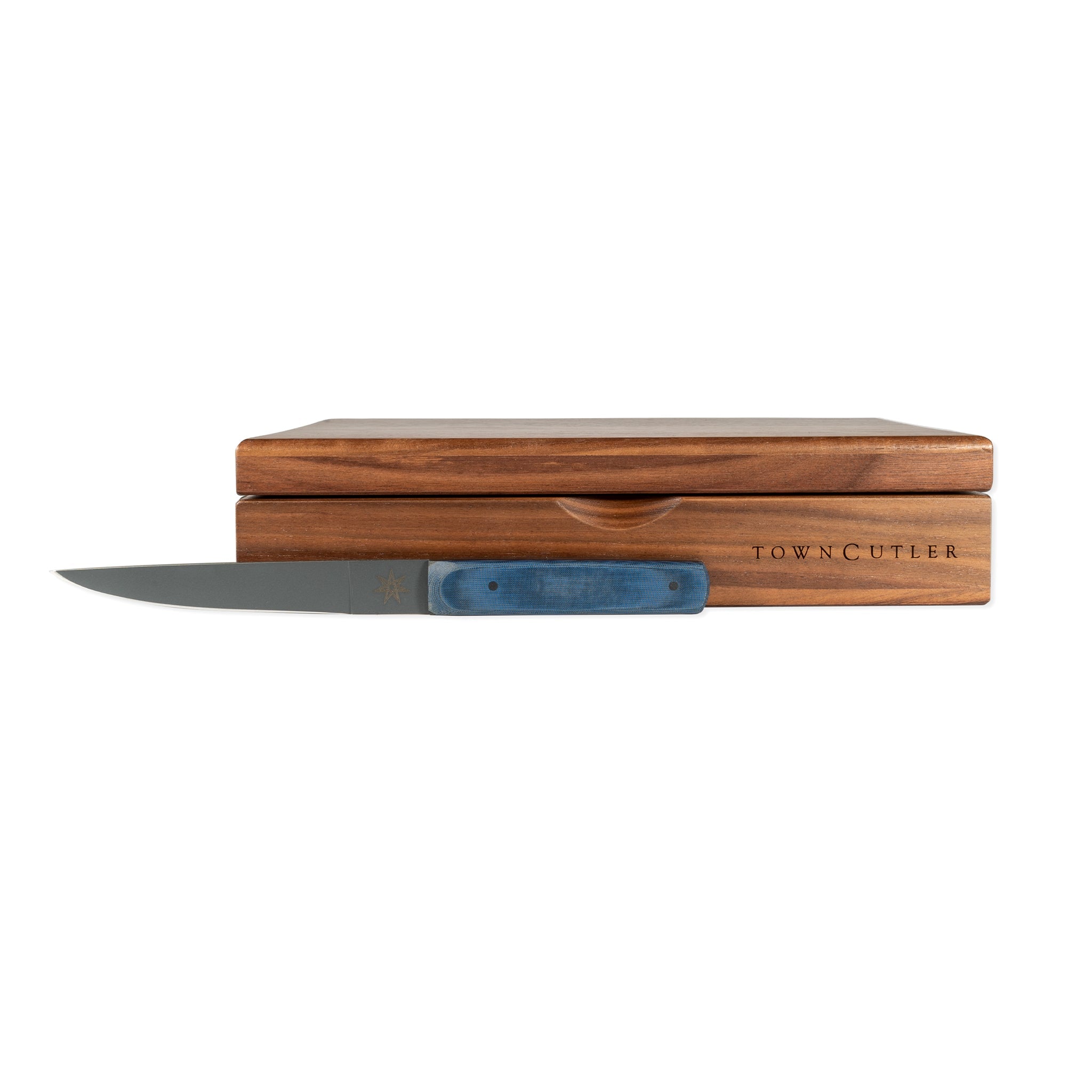 Town Cutler eXo Blue Steak Knife shown with Walnut storage box for set of four steak knives.