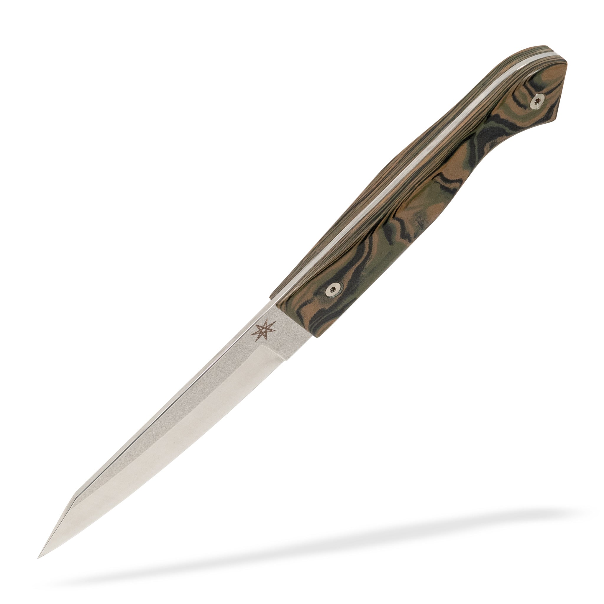 Hankotsu boning knife with stainless steel blade and black, green, and tan burl g-10 handle