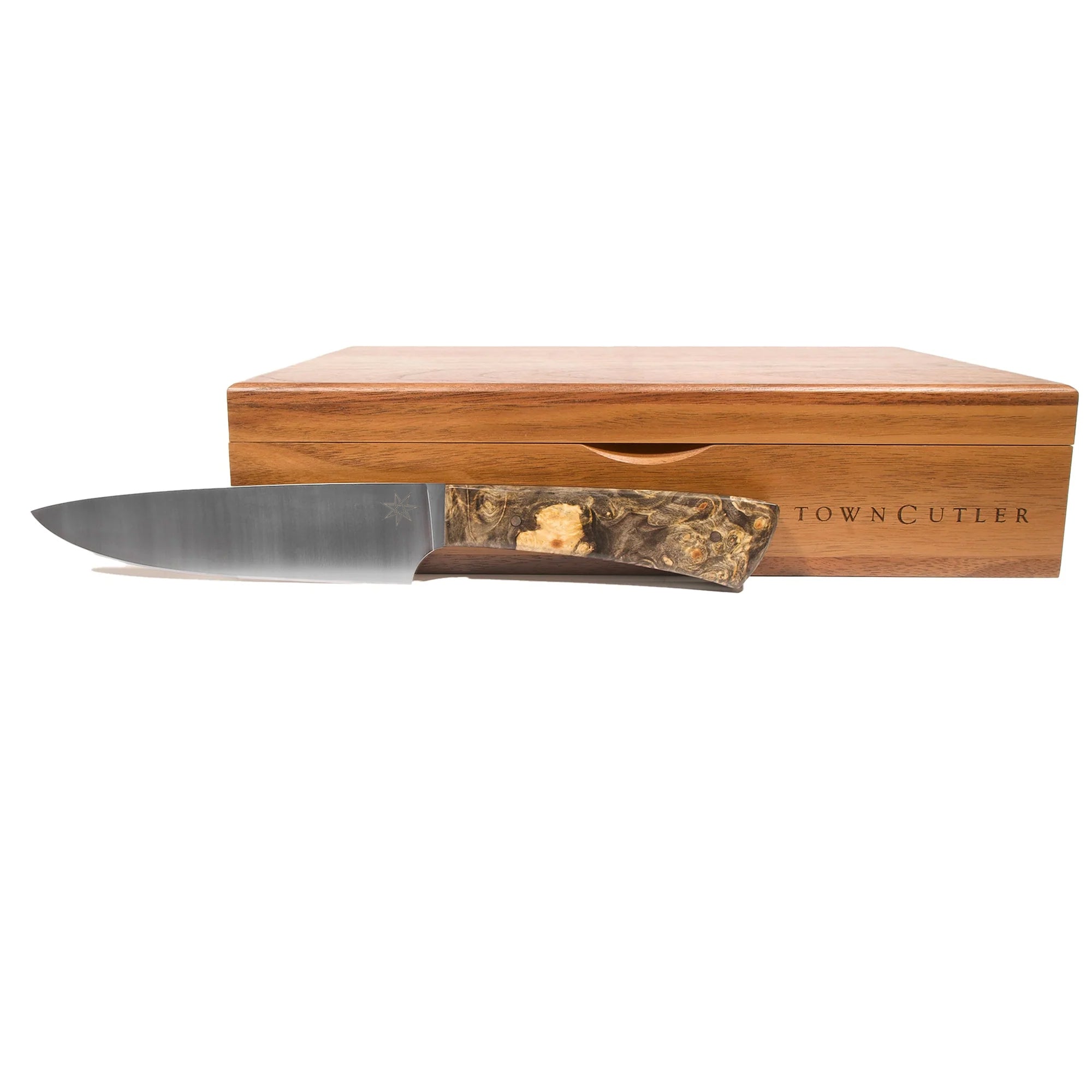 Steak knife with wooden handle and box on a white background, branded 'Town Cutler'.