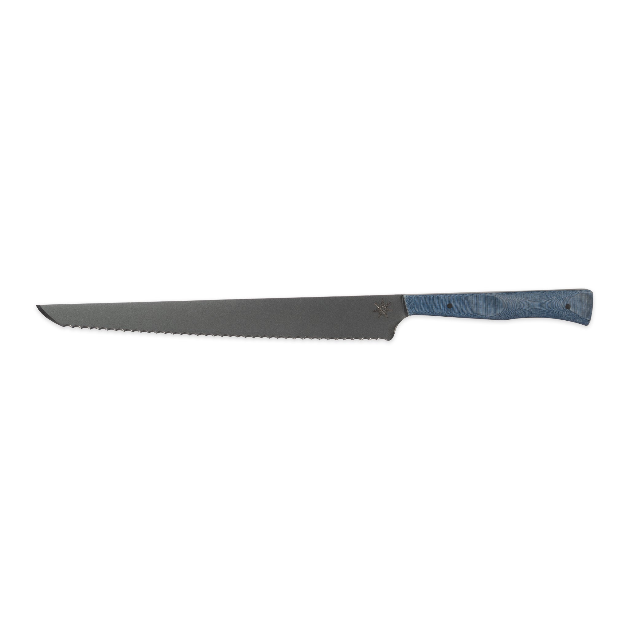 Serrated bread knife with blue handle and cerakote knife blade.