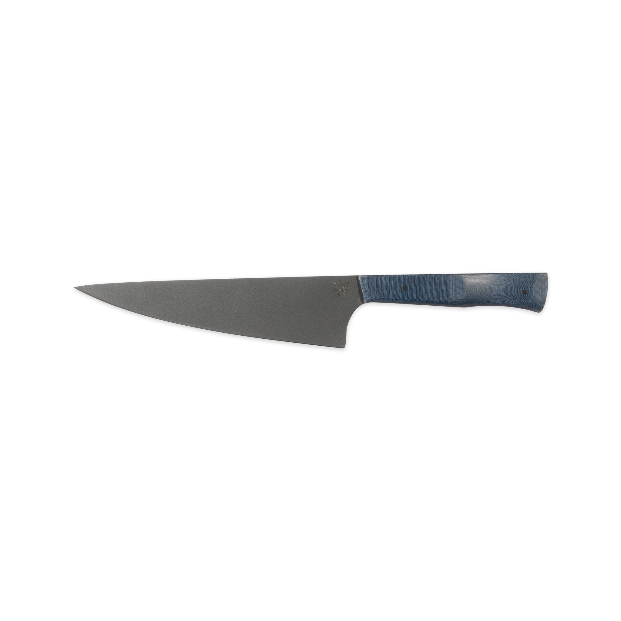 7" chef knife with stainless steel cerakote blade and blue micarta handle.