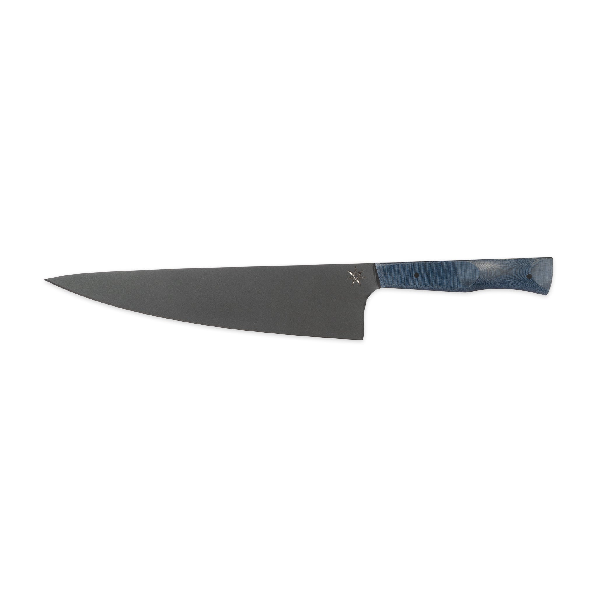 8.5" chef knife with stainless steel cerakote dark blade and blue micarta handle.