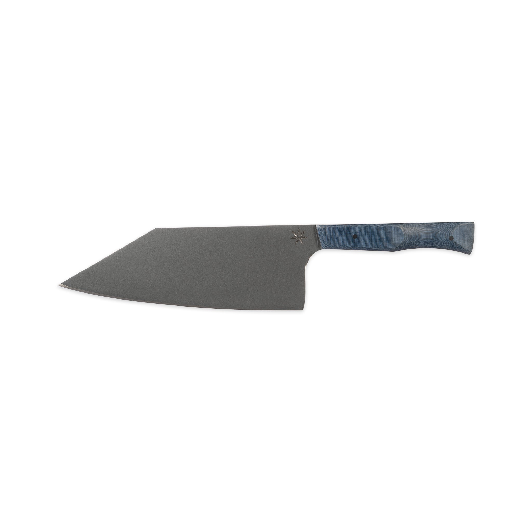 Chopper bunka-style chef knife with stainless steel cerakote blade and blue handle.
