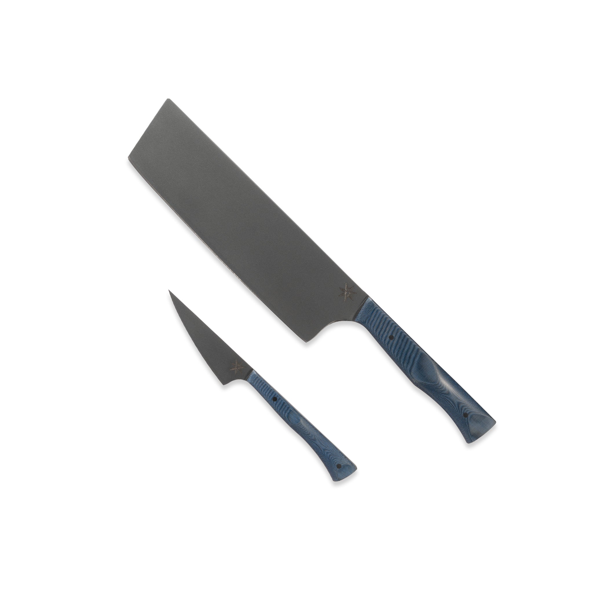 Two-piece vegetable knife set with dark cerakote stainless steel blades and blue handles.