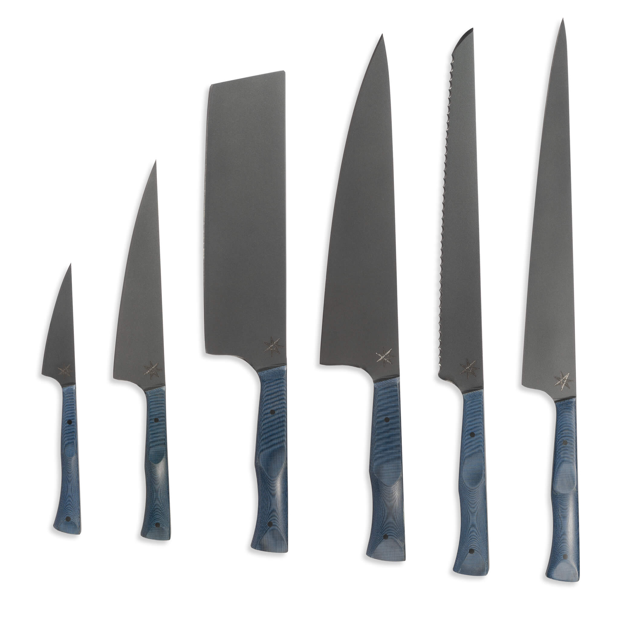 Six piece essential knife set with dark cerakote stainless steel blades and blue handles.