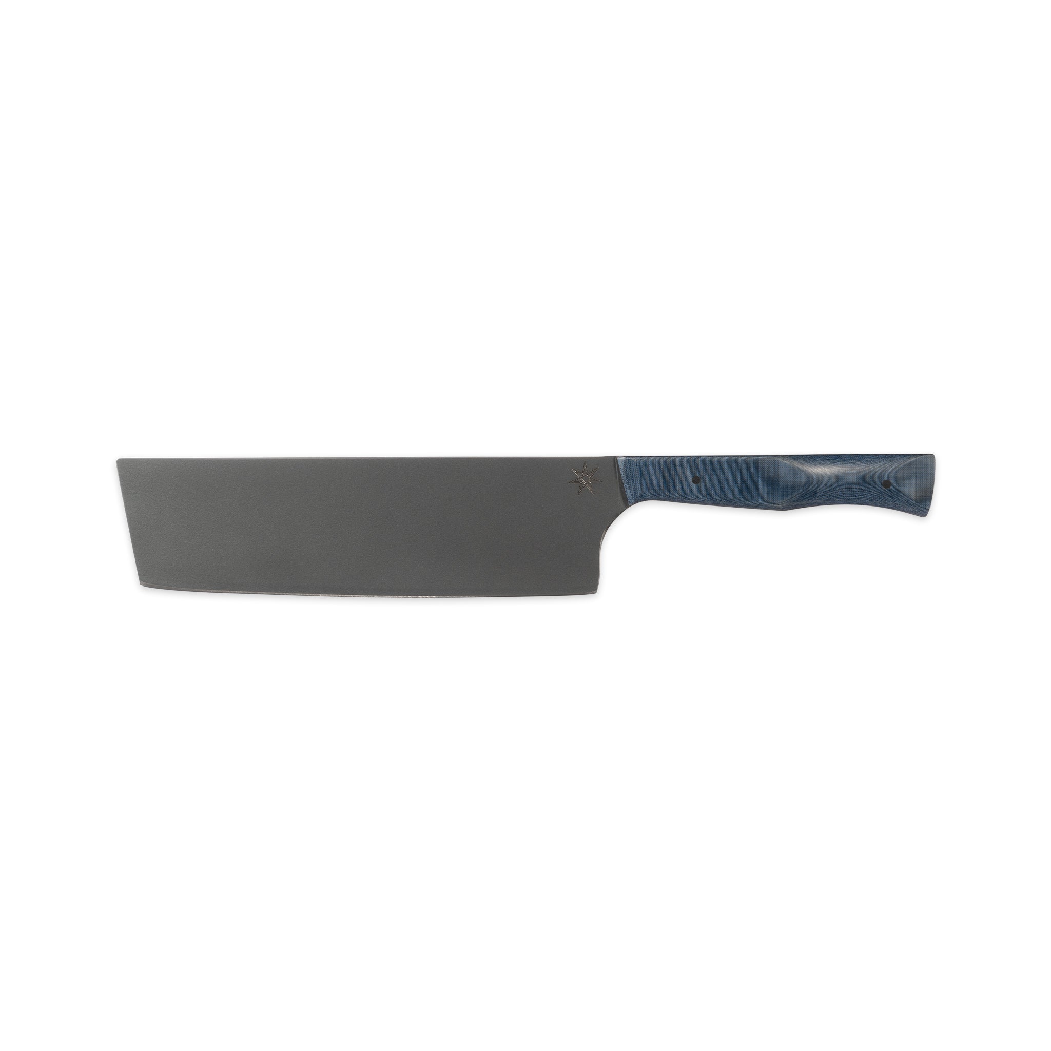 7" Nakiri vegetable knife with dark stainless steel cerakote blade and blue micarta handle.
