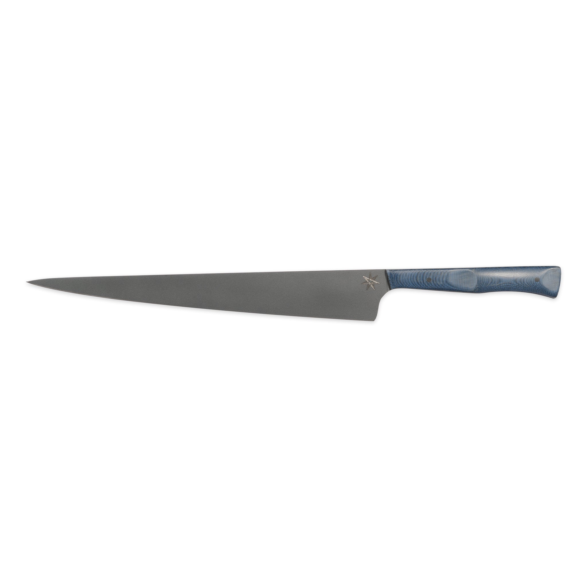 10" slicer carving knife with dark cerakote stainless steel blades and blue handle.