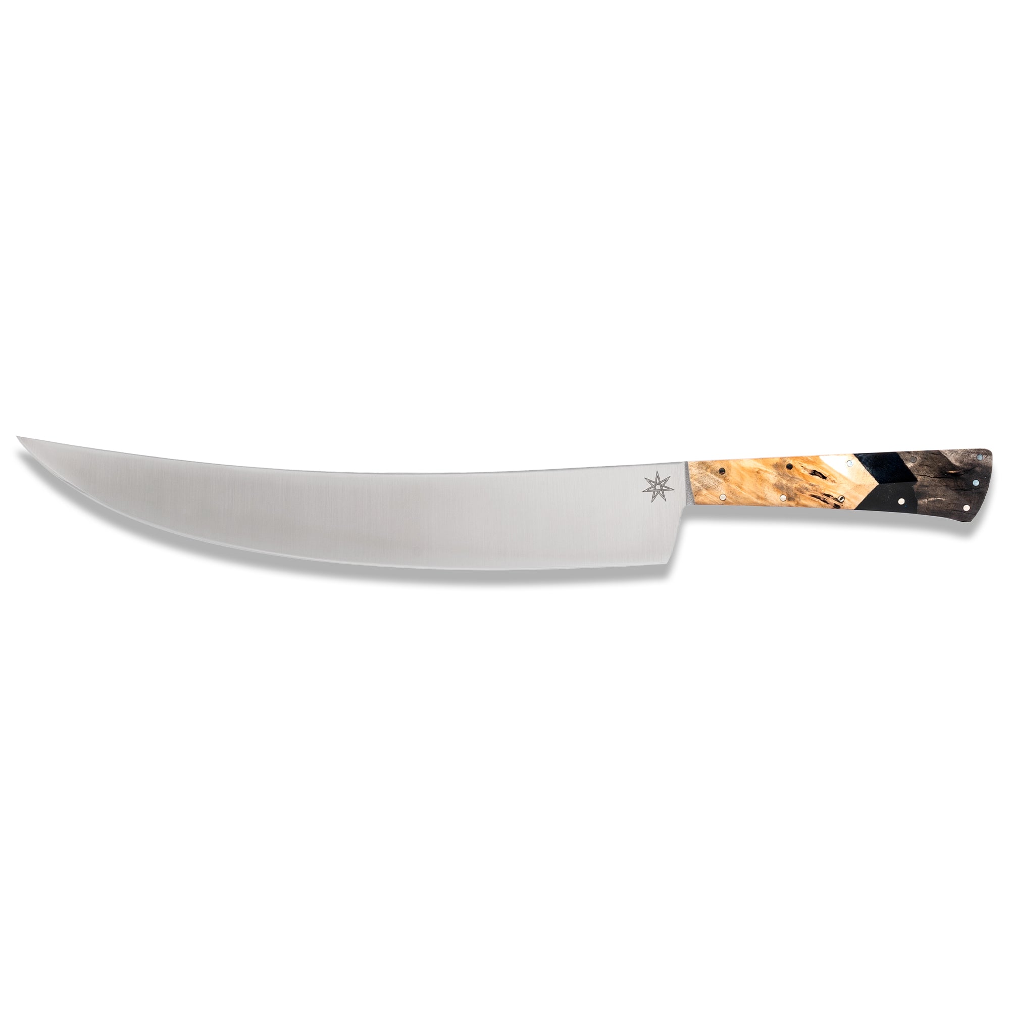 Town Cutler Scimitar Butcher Knife from Desert Dawn Knife Line with a wood and black resin handle on a white background