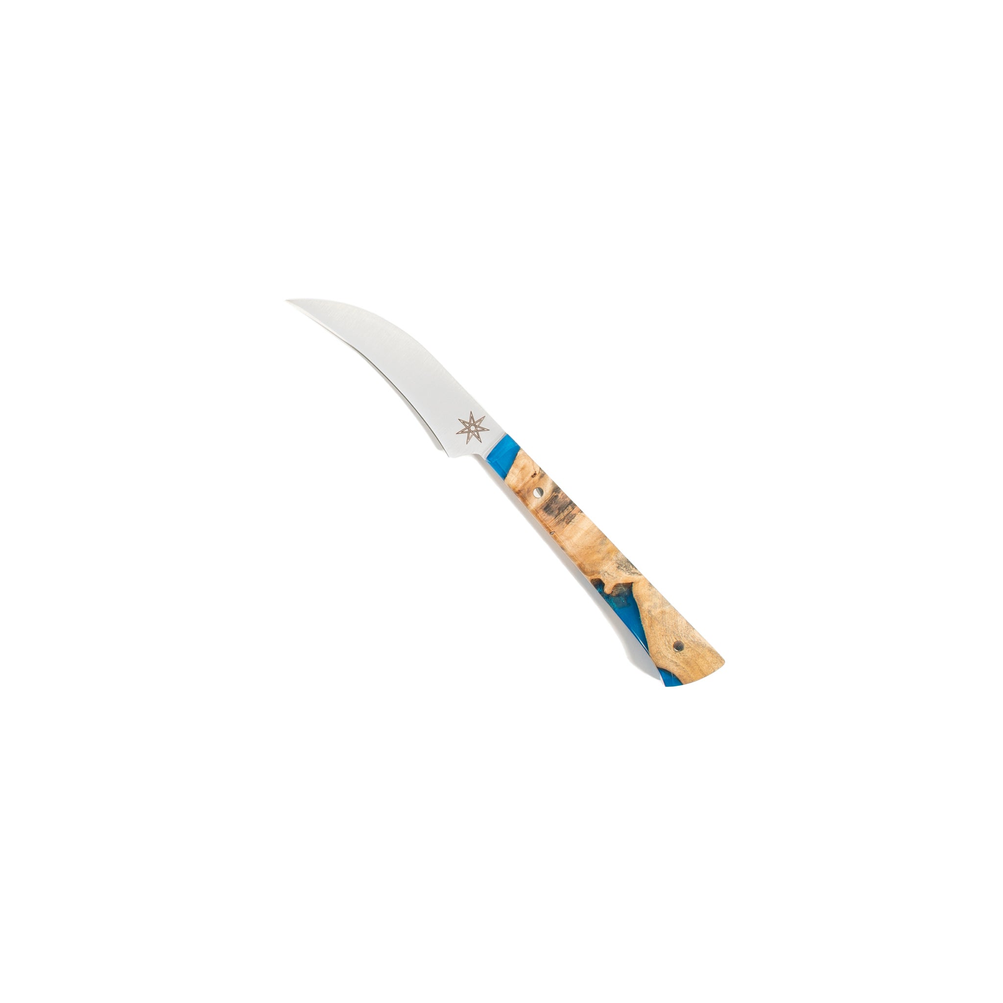 Town Cutler Tahoe Bliss Bird's Beak Knife. Curved stainless steel blade with blue and buckeye burl handle.