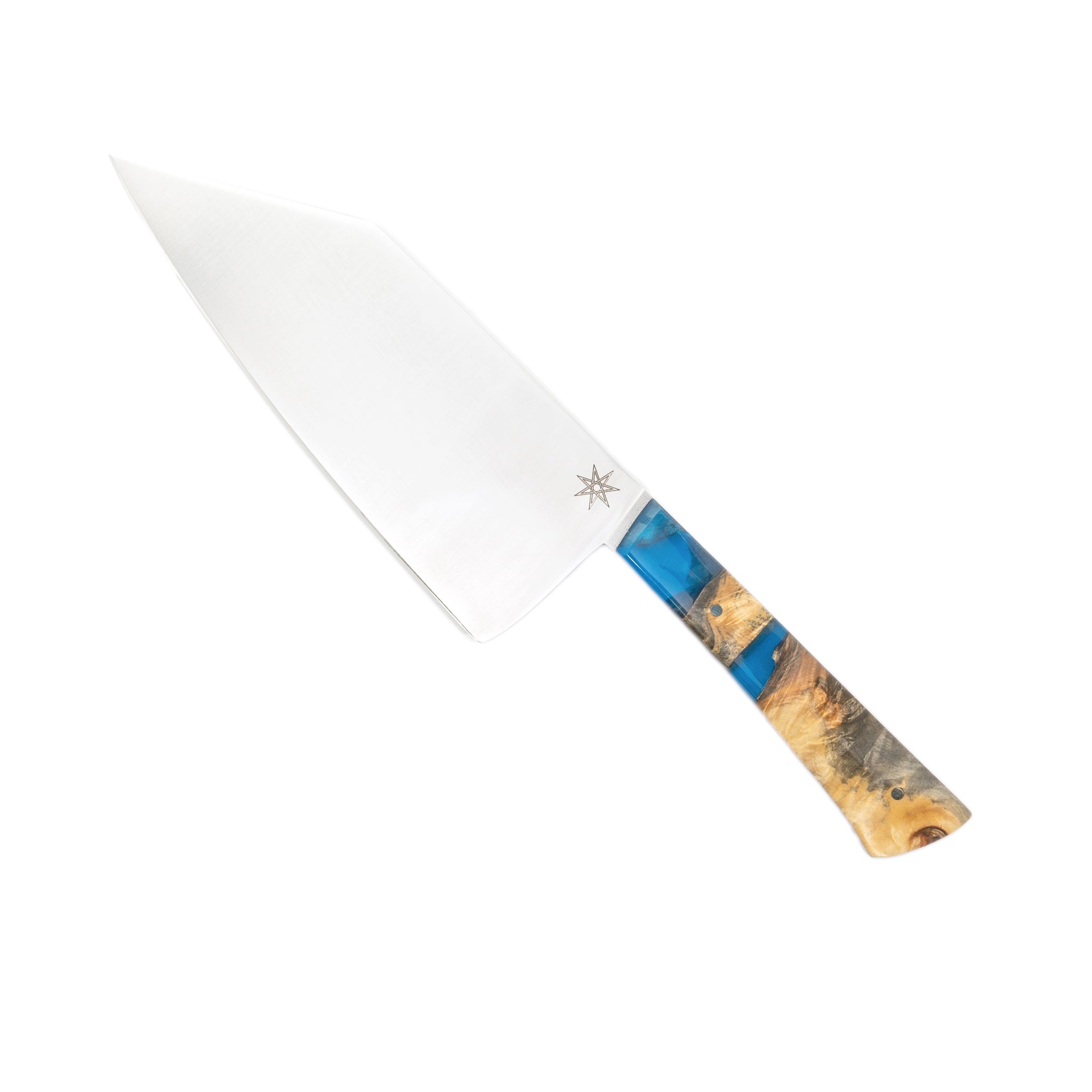 Chopper bunka-style chef knife with stainless steel blade and blue resin and wood handle.