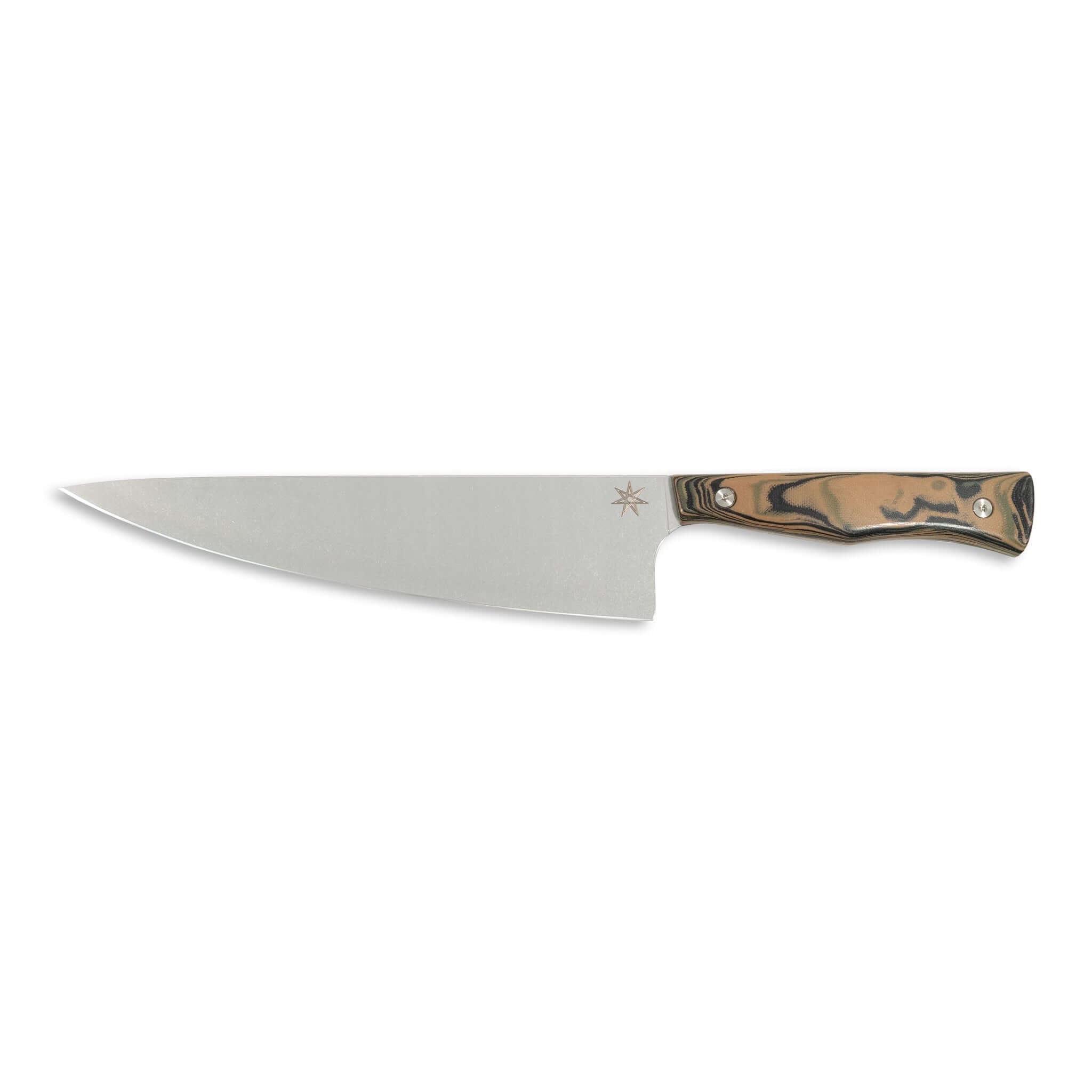 A premium stainless steel chef knife with a G-10 handle.