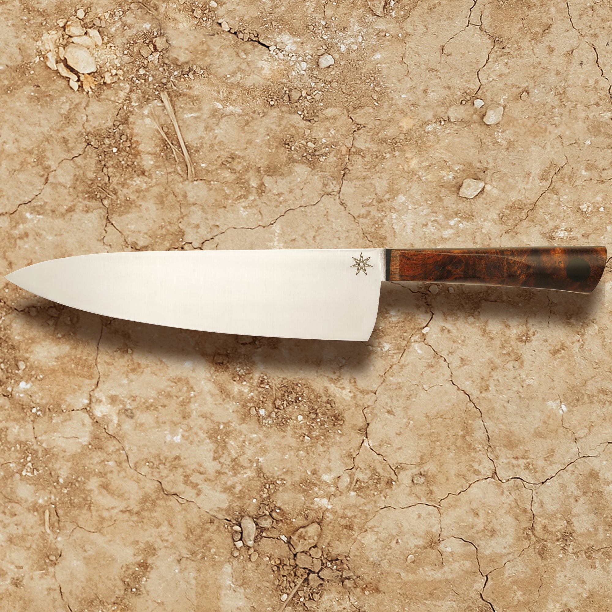Town Cutler Olneya 8.5" Chef Knife with laser engraving on Nitro V stainless steel blade and Ironwood handle.
