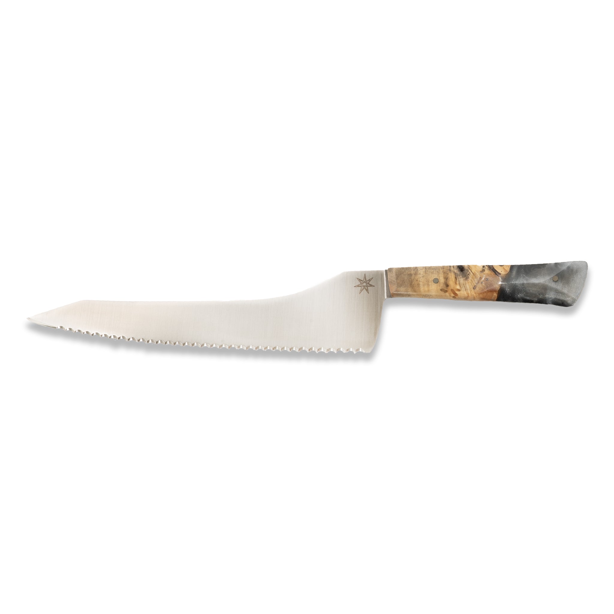 Offset serrated bread knife with silvery resin and buckeye wood handle knife.