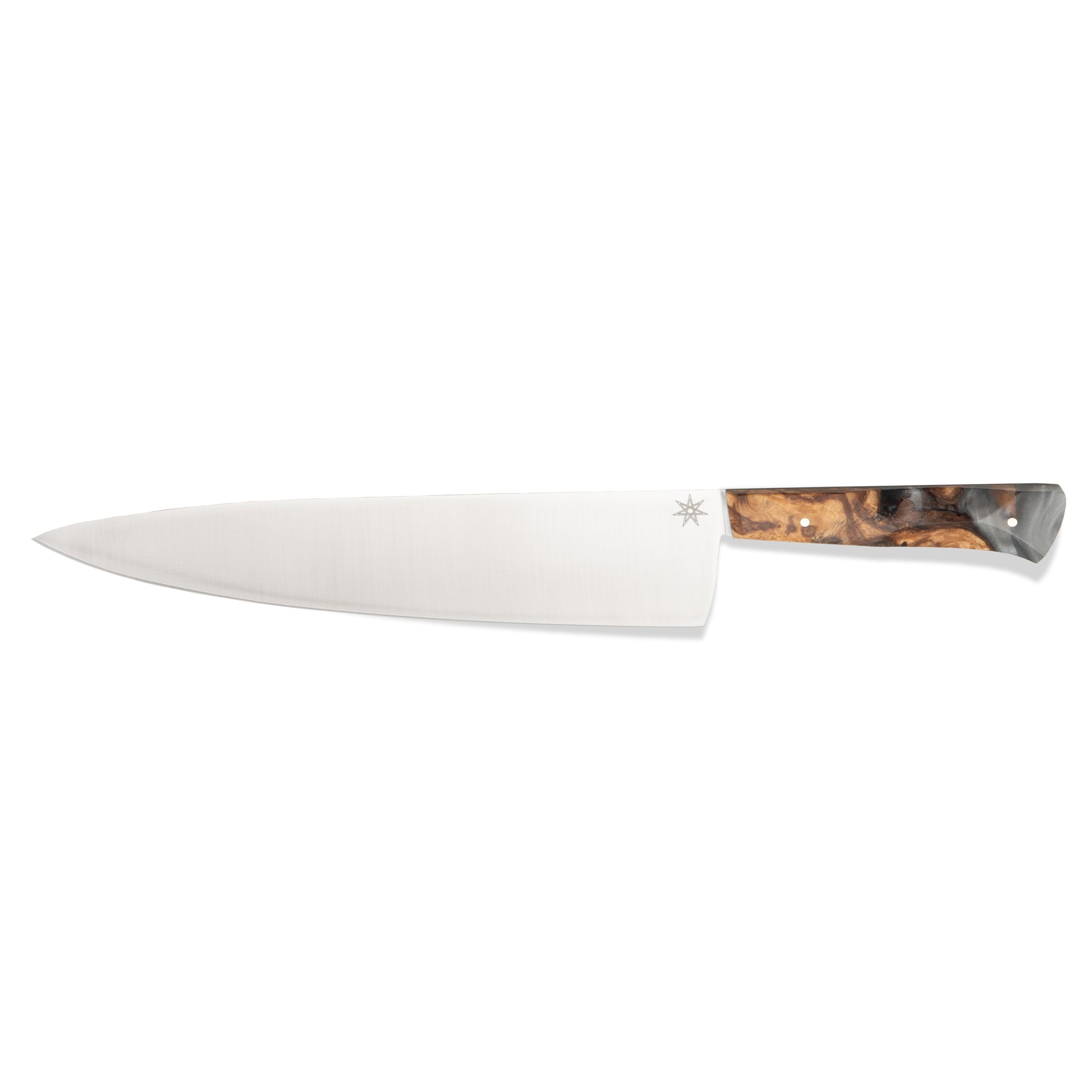 10" Stainless Steel Chef Knife with silver color resin and buckeye burl handle by Town Cutler