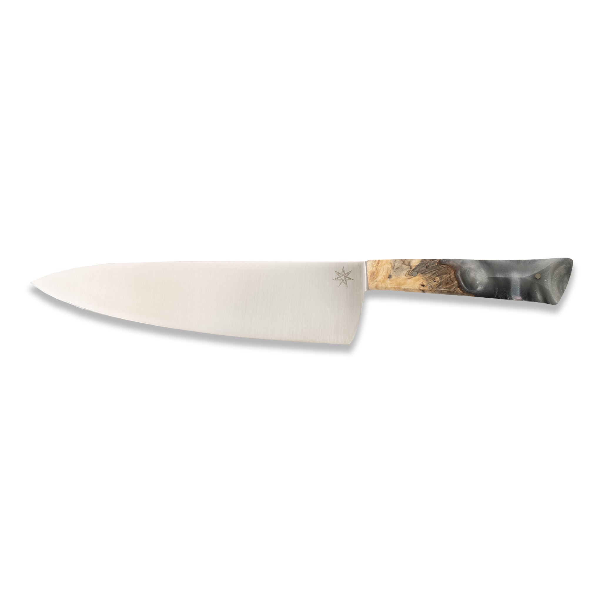 8.5" stainless steel chef knife with silvery resin and buckeye burl wood handle.