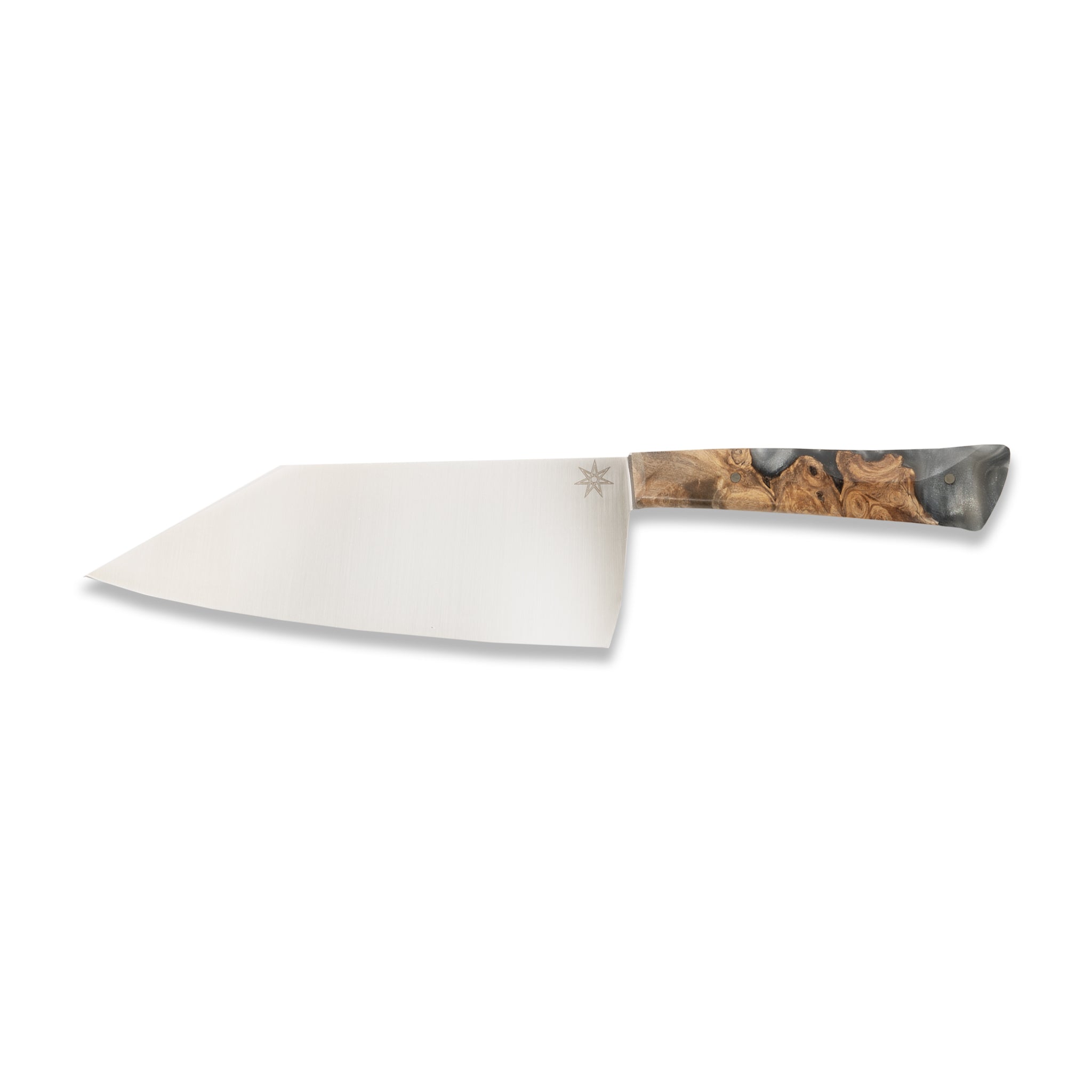 Chopper bunka-style chef knife with stainless steel blade and silvery resin and wood handle.