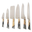 Six piece Essentials Knife Set. Ag 47 knife line by Town Cutler. Stainless steel kitchen knives with silver color resin and buckeye burl handles.