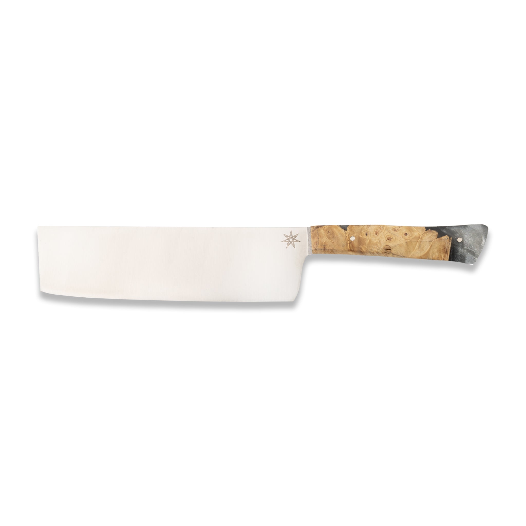 7" Nakiri vegetable knife with silvery resin and buckeye burl wood handle.