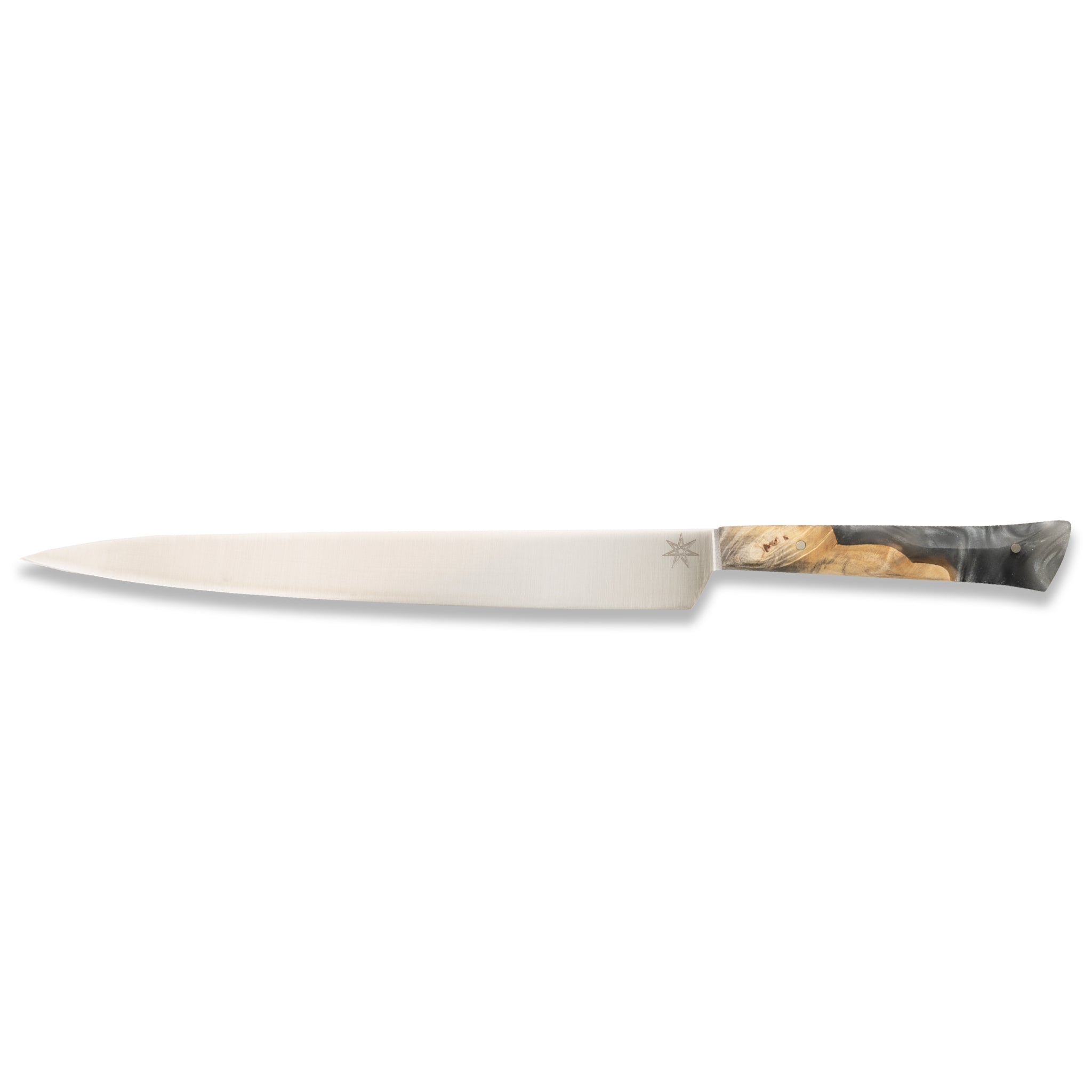 Handcrafted slicer carving knife with gray silver resin and wood handle.