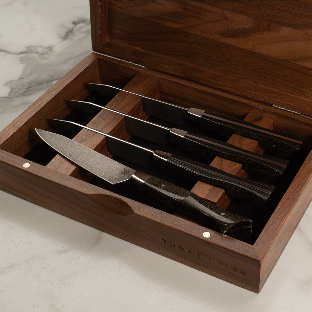 Town Cutler Desert Dawn Steak Knife set of four steak knives shown in a wood storage box.