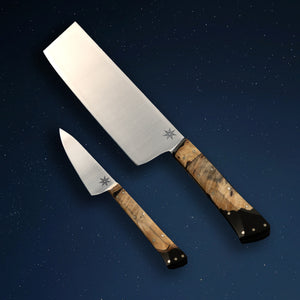 7" stainless steel Nakiri and 3" paring knives by Town Cutler featuring the Desert Dawn handle.