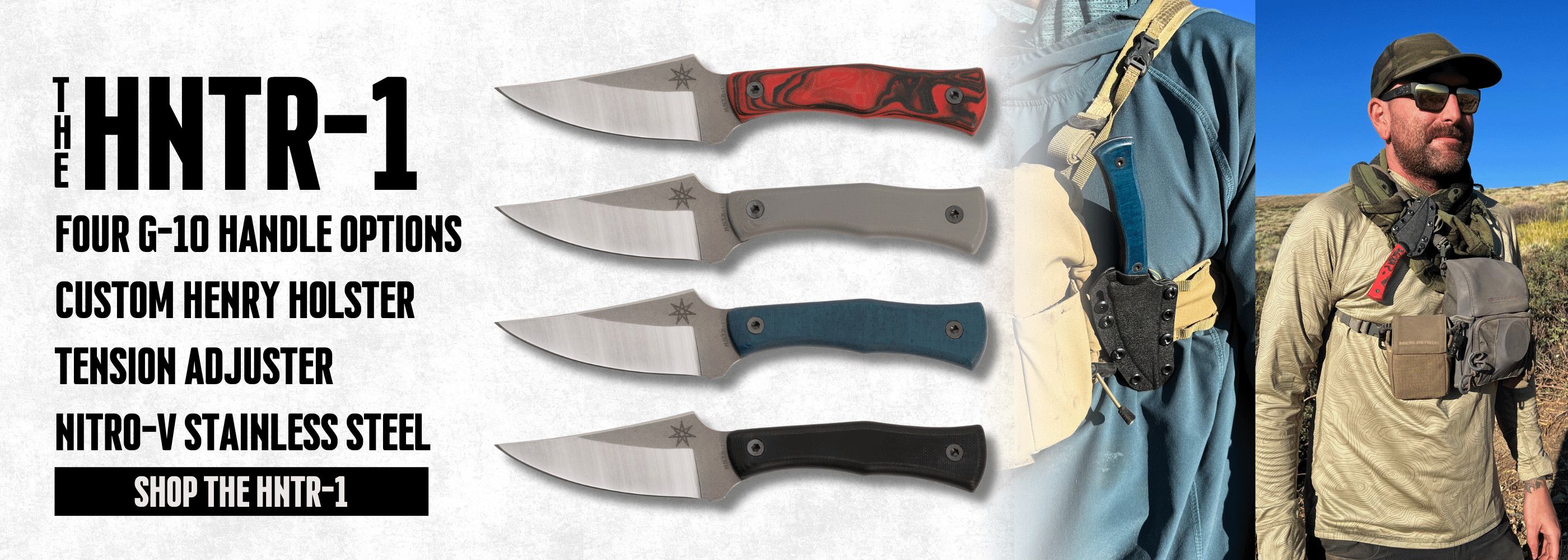 Collection of hunting knives with different handle colors and a person wearing outdoor gear in the background.