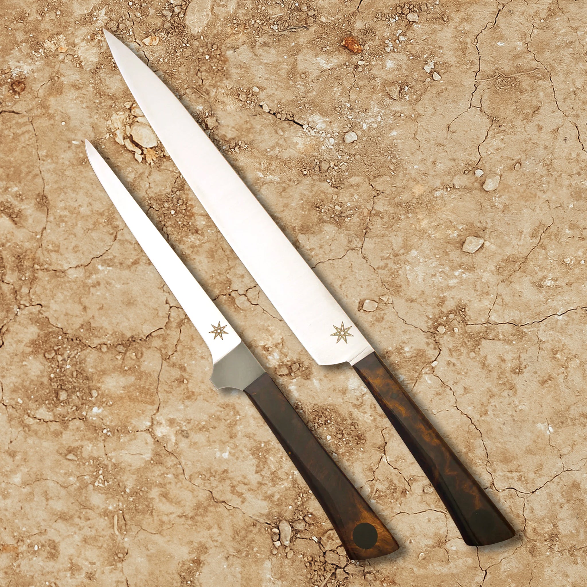 10" stainless steel Slicer and 6" straight boning knives by Town Cutler featuring Olneya Desert Ironwood handle. Sold as set.