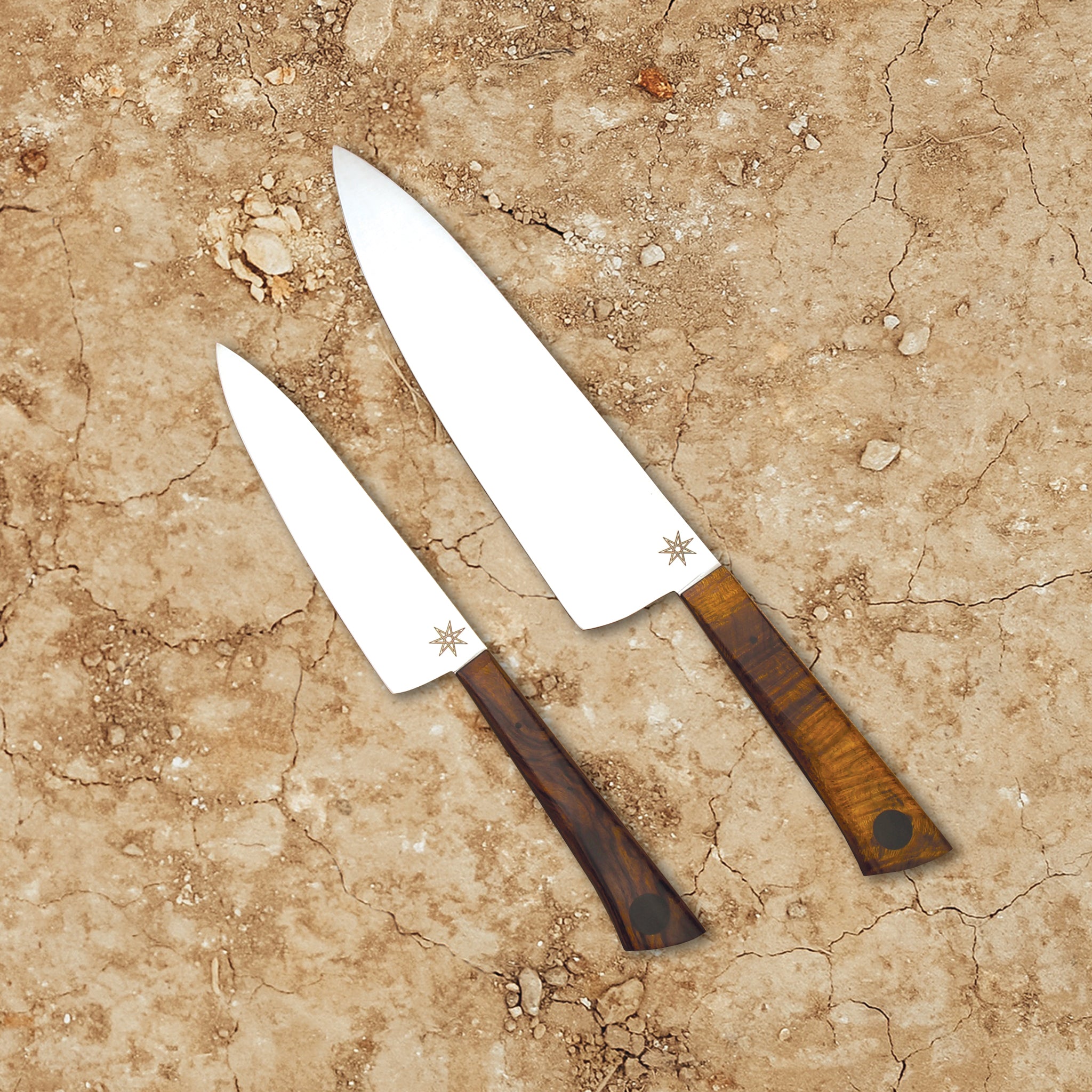 8.5" stainless steel Chef and 6" utility knives by Town Cutler featuring Olneya Desert Ironwood handle. Sold as set.