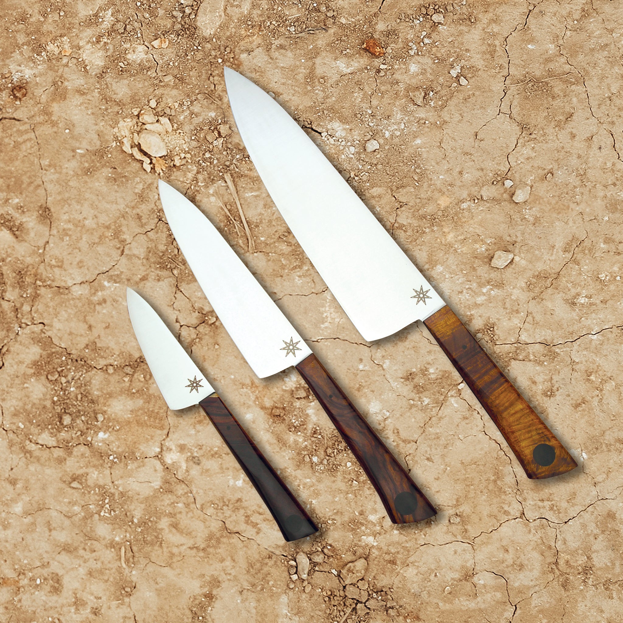 8.5" stainless steel Chef and 6" utility and 3" paring knives by Town Cutler featuring Olneya  Desert Ironwood handle. Sold as set.