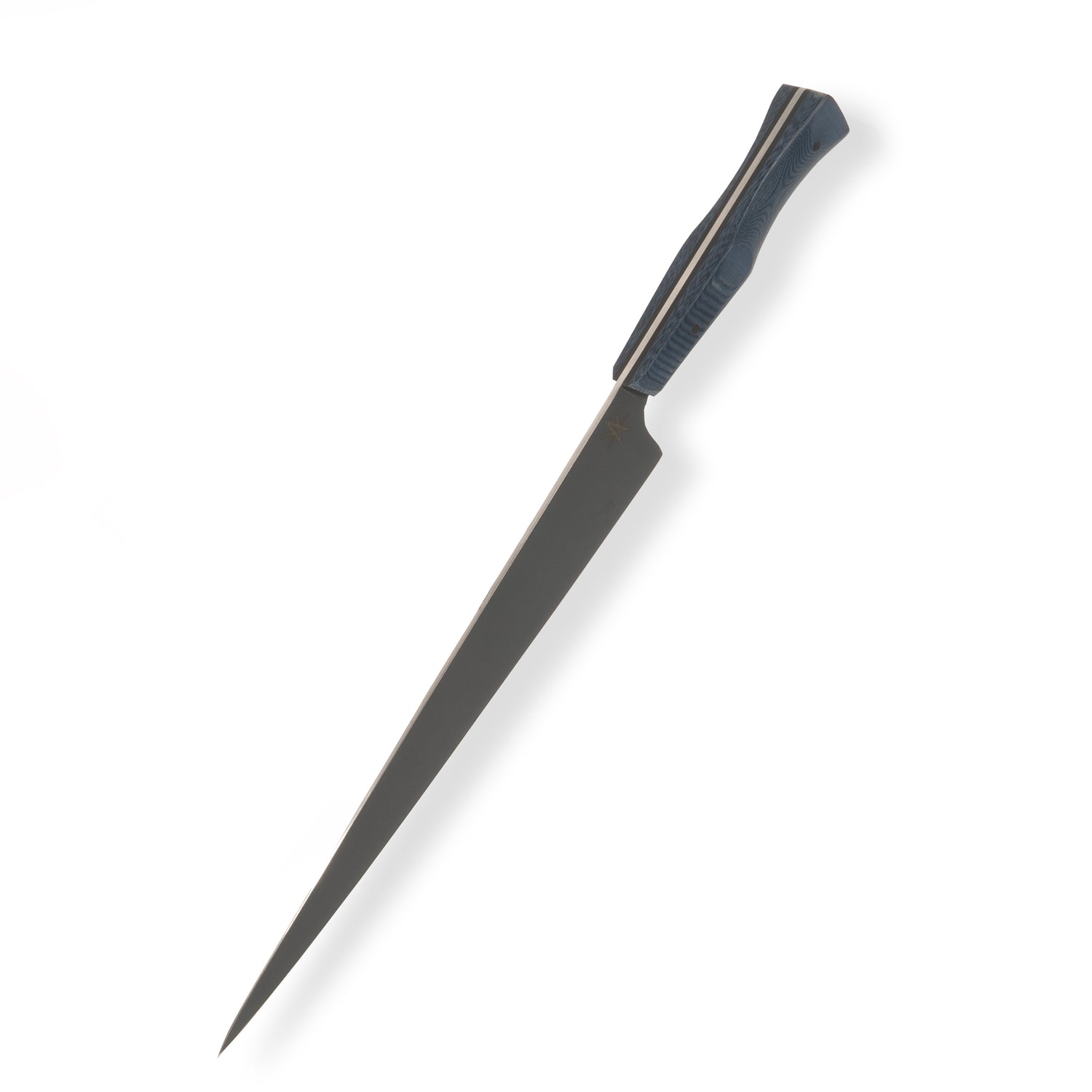 Town Cutler 10" Slicer knife with Cerakote finished blade and blue linen micarta handle. 