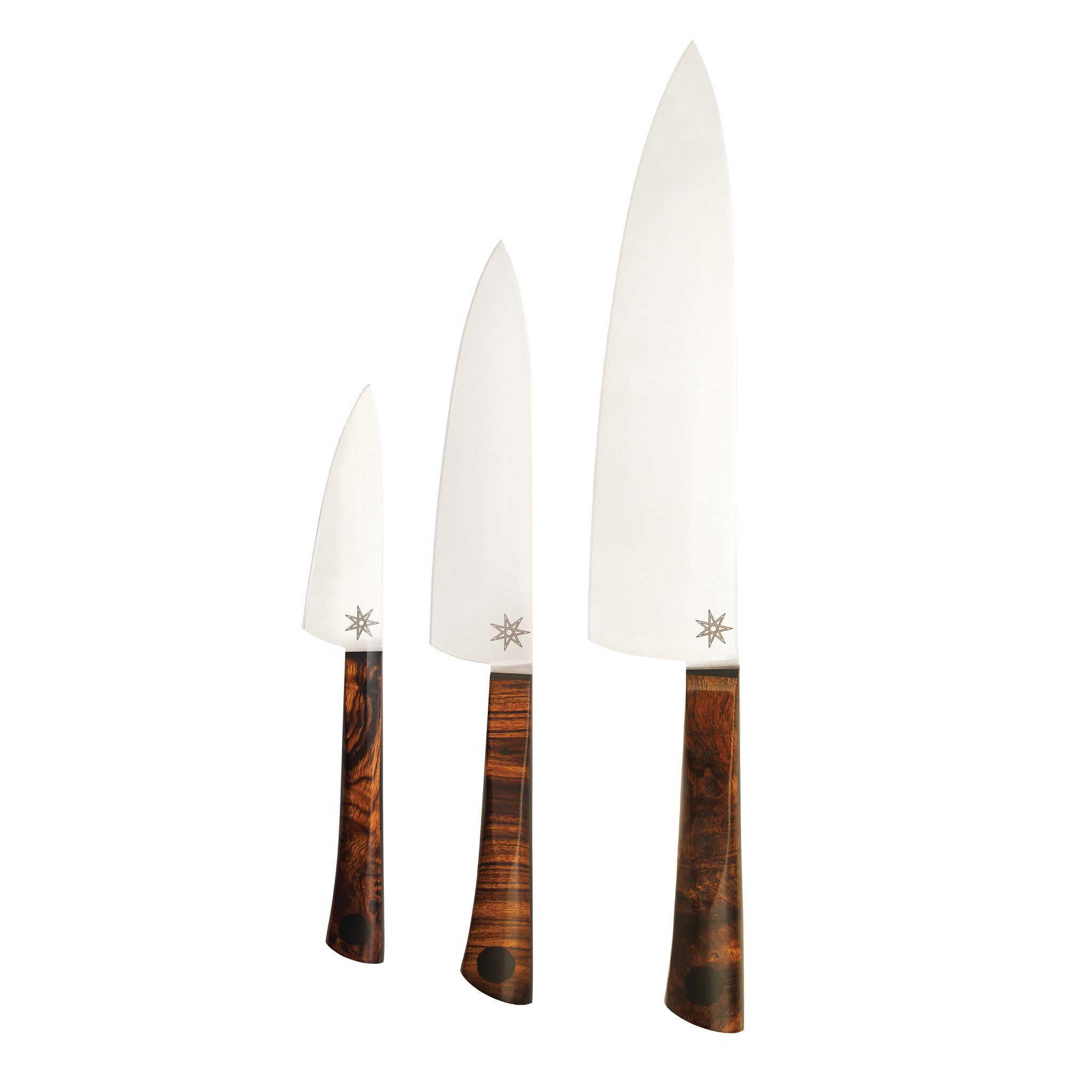 Three knives with wooden handles on a white background