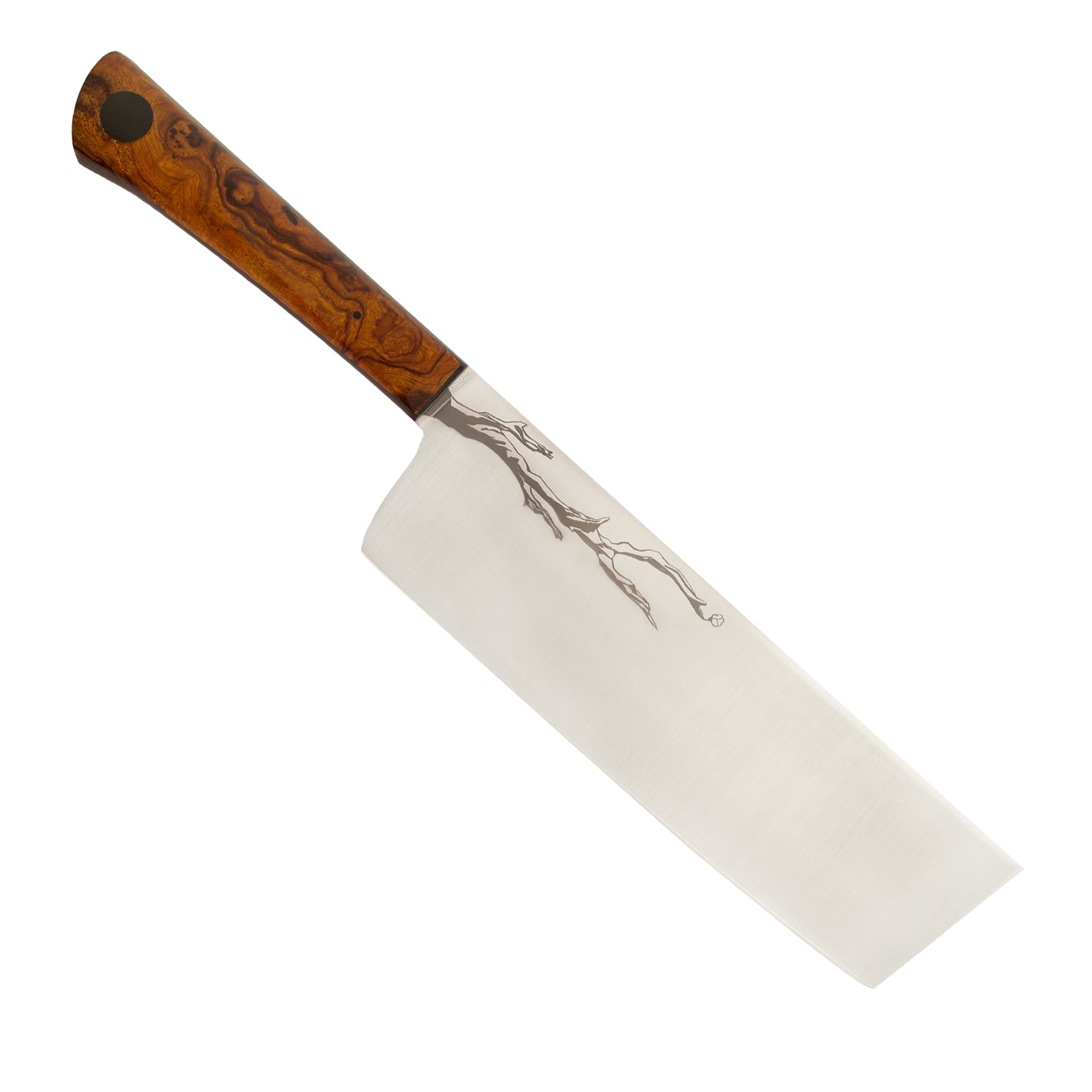 Town Cutler Olneya nakiri knife with Desert Ironwood branch engraved on backside of knife blade.