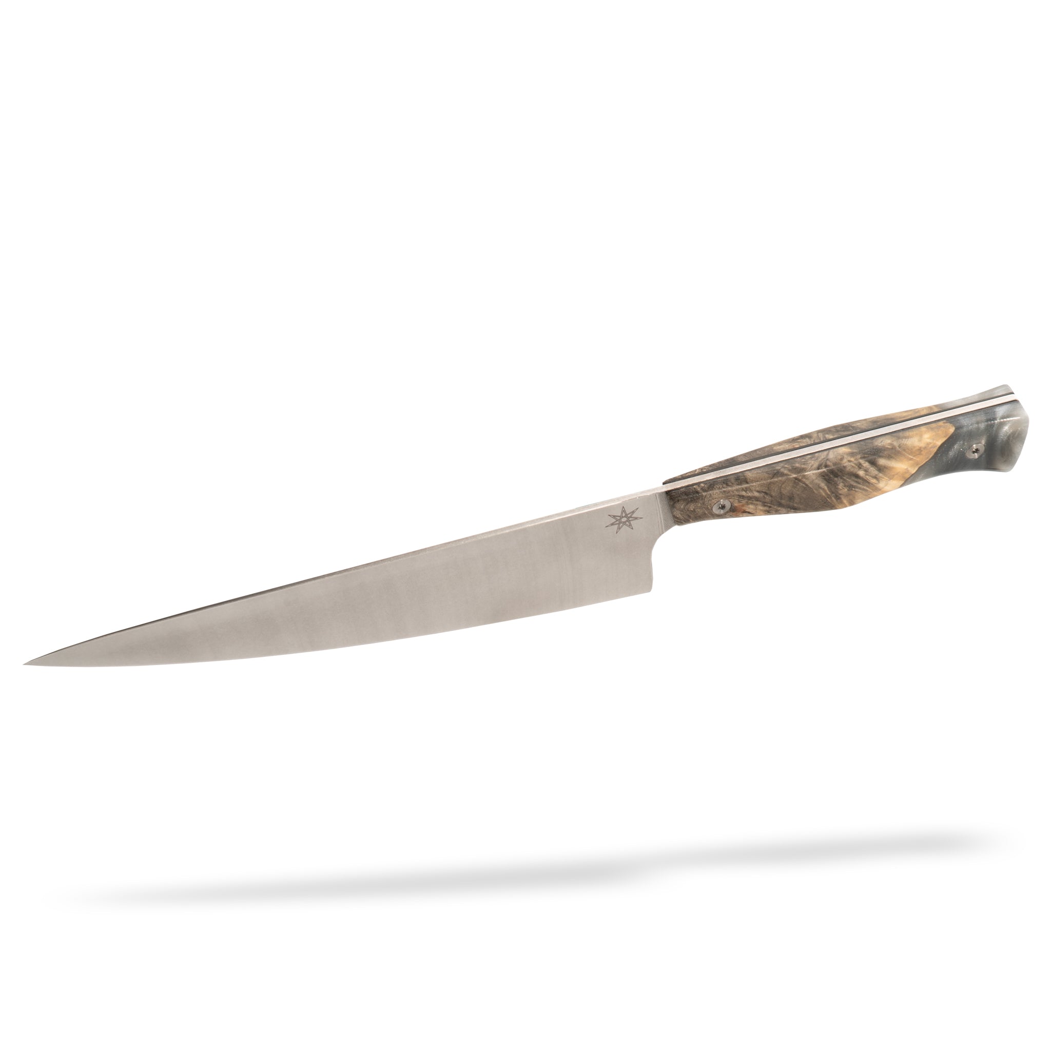 Detail photo of a 8.5" chef knife with a wood and resin handle on a white background