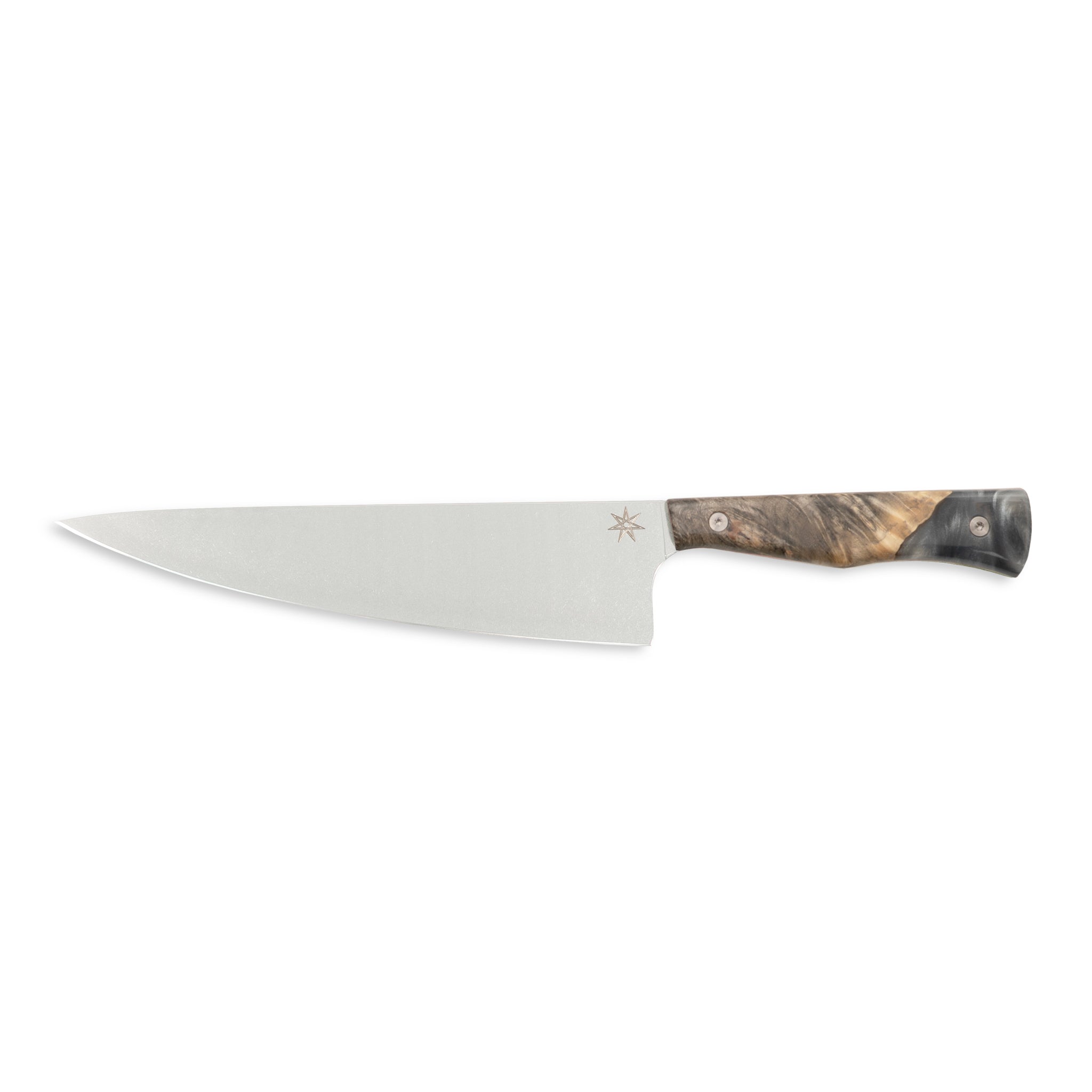 Chef knife with a silver gray resin and wood handle on a white background.