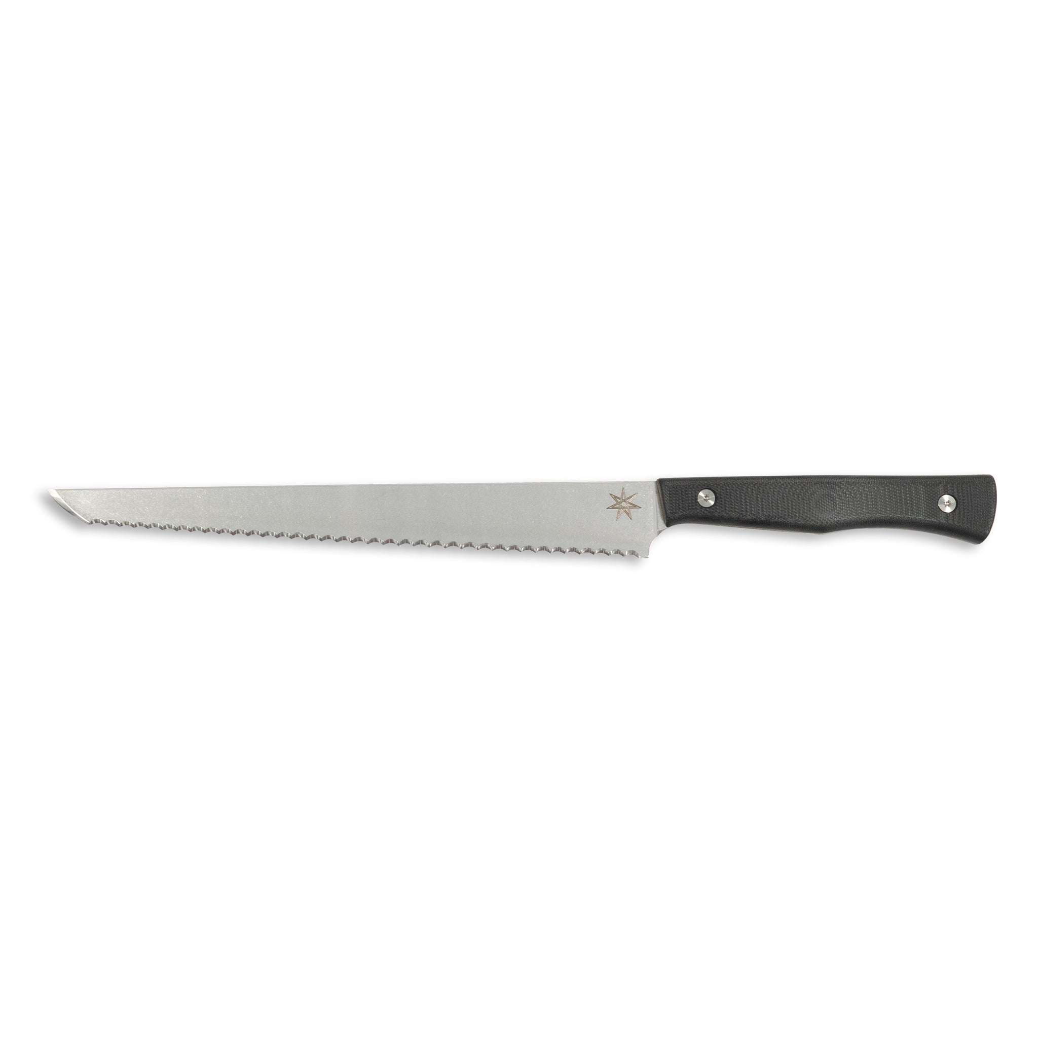 Bread Knife knife with stainless steel blade and black handle.