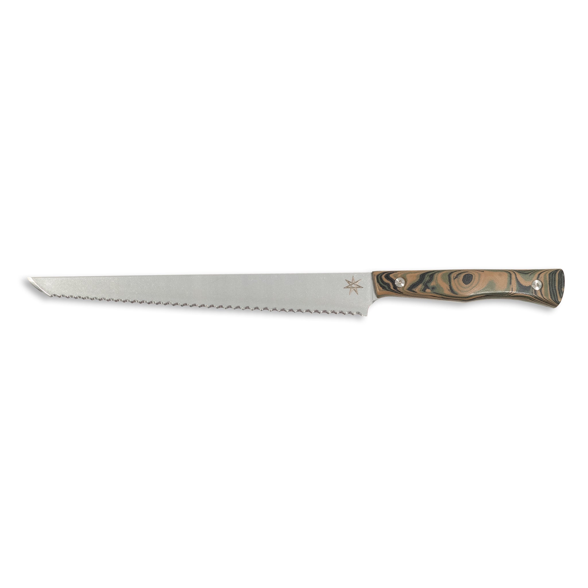 Bread Knife knife with stainless steel blade and black, green, and tan burl g-10 handle.