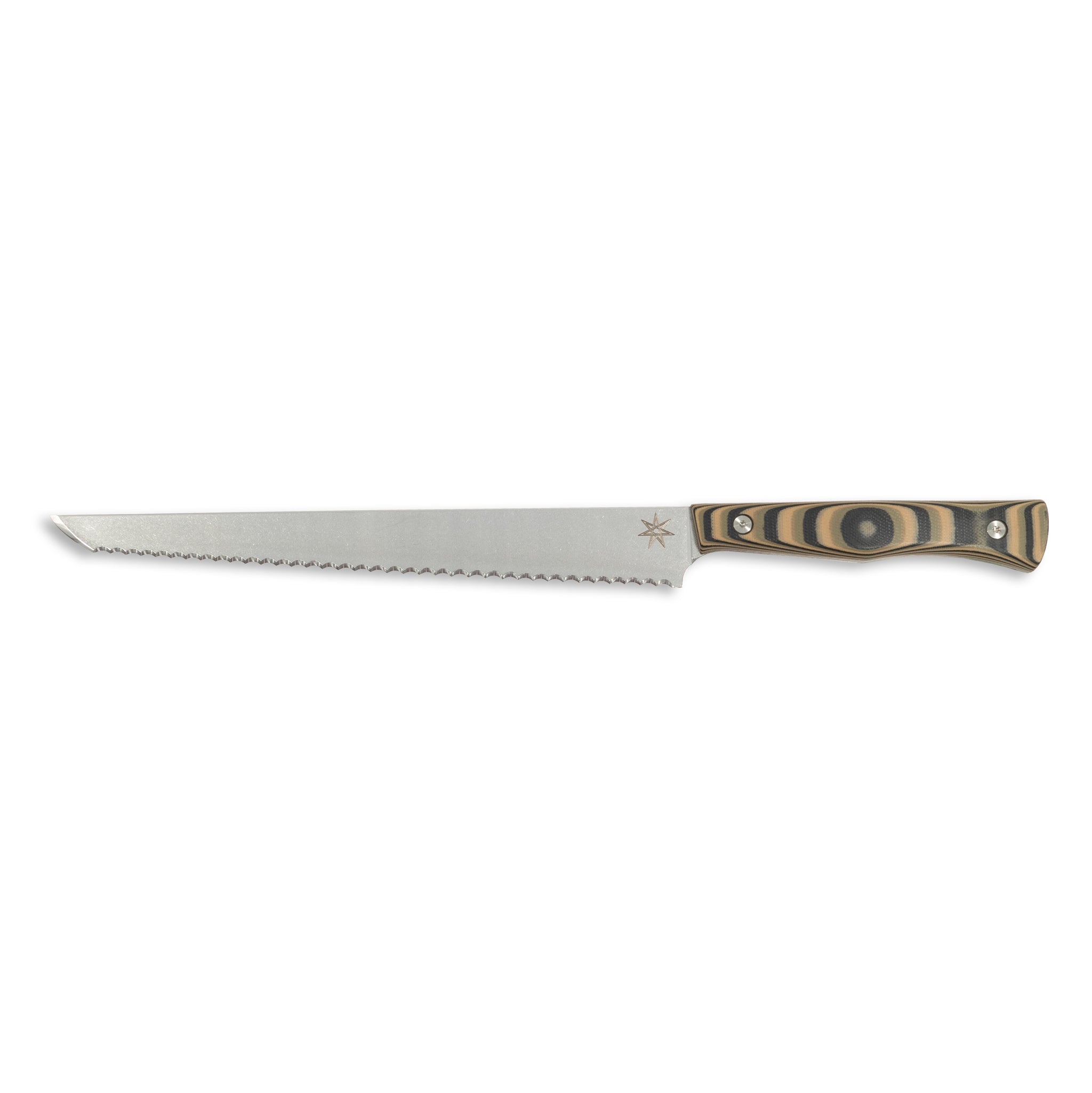 Bread Knife knife with stainless steel blade and black, green, and tan handle.