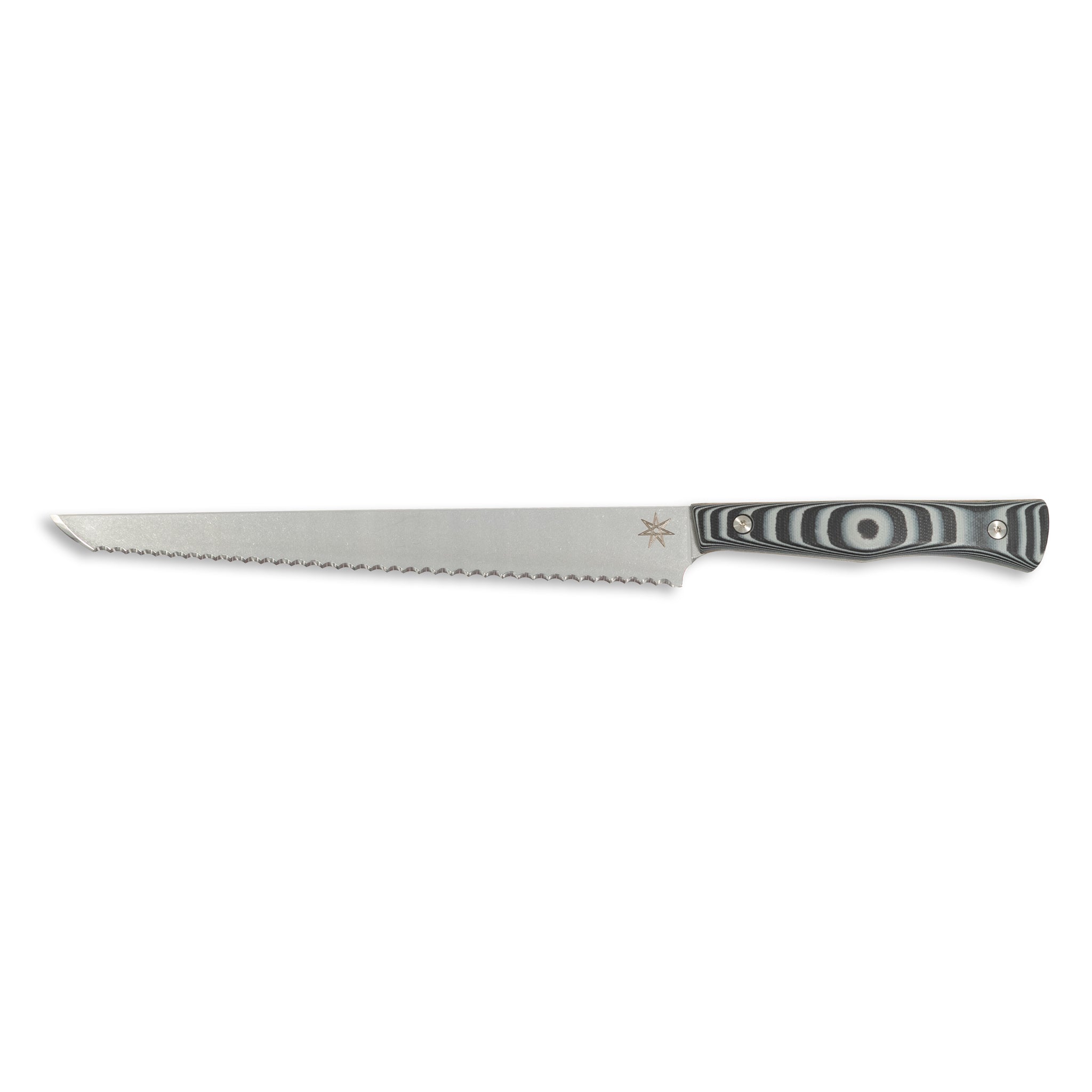 Bread Knife knife with stainless steel blade and black and gray handle.